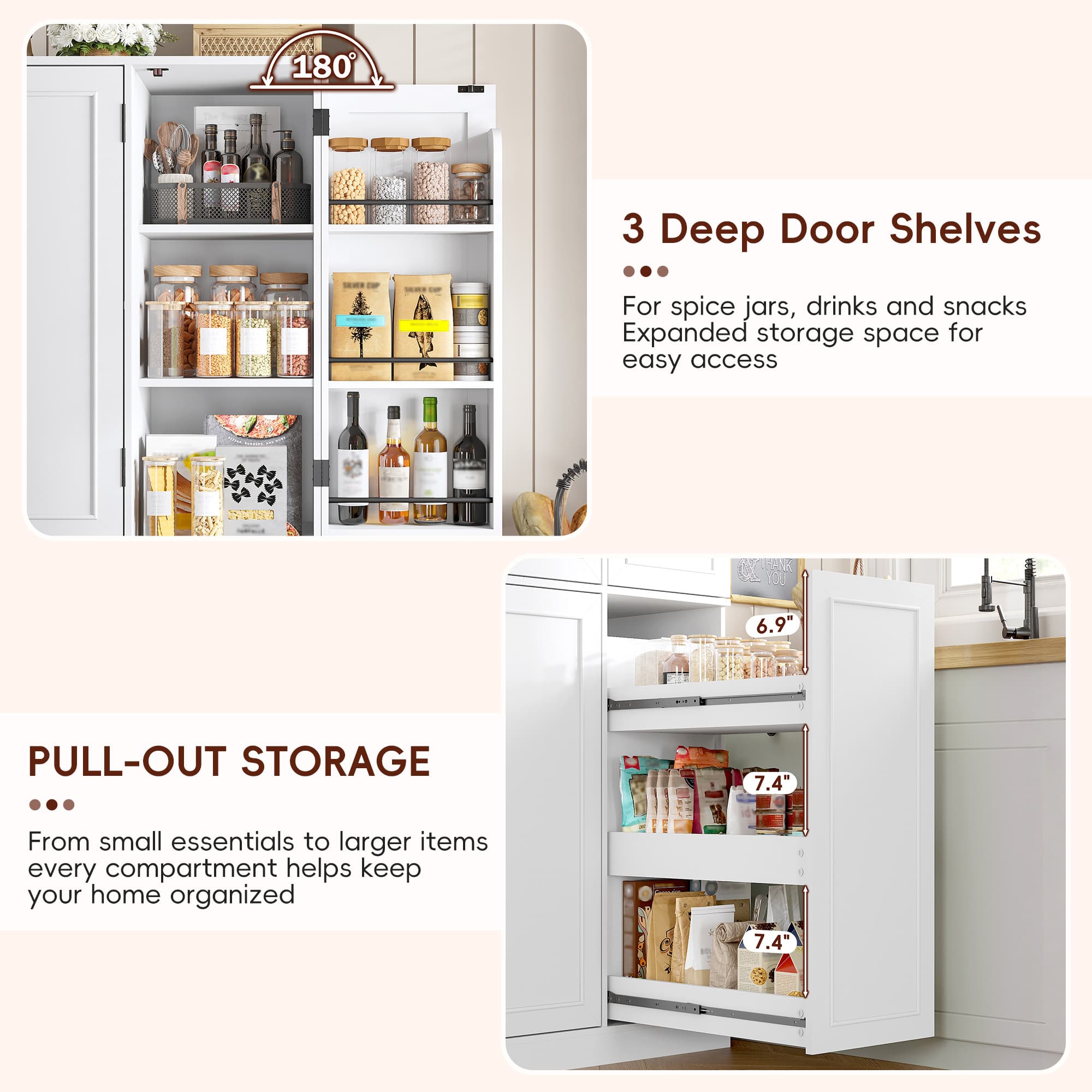 Blotout Kitchen Pantry Cabinet with Pull-Out Shelves & 3-Tier Door Shelves