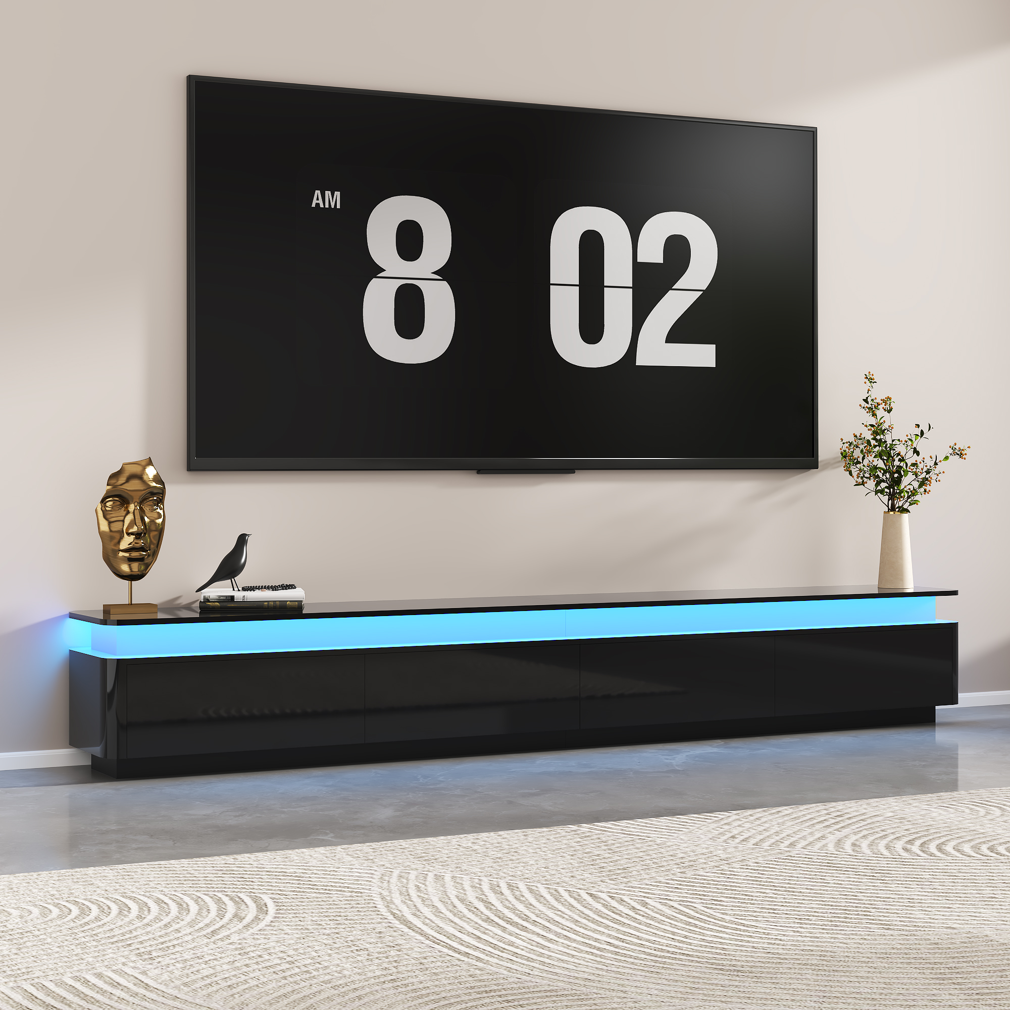 Blotout Modern LED TV Stand for up to 90" TVs, 81" Extra Wide High Gloss Entertainment Center Console Table with 2 Storage Cabinet & 2 Drawers, Curved Edges Design, for Living Room