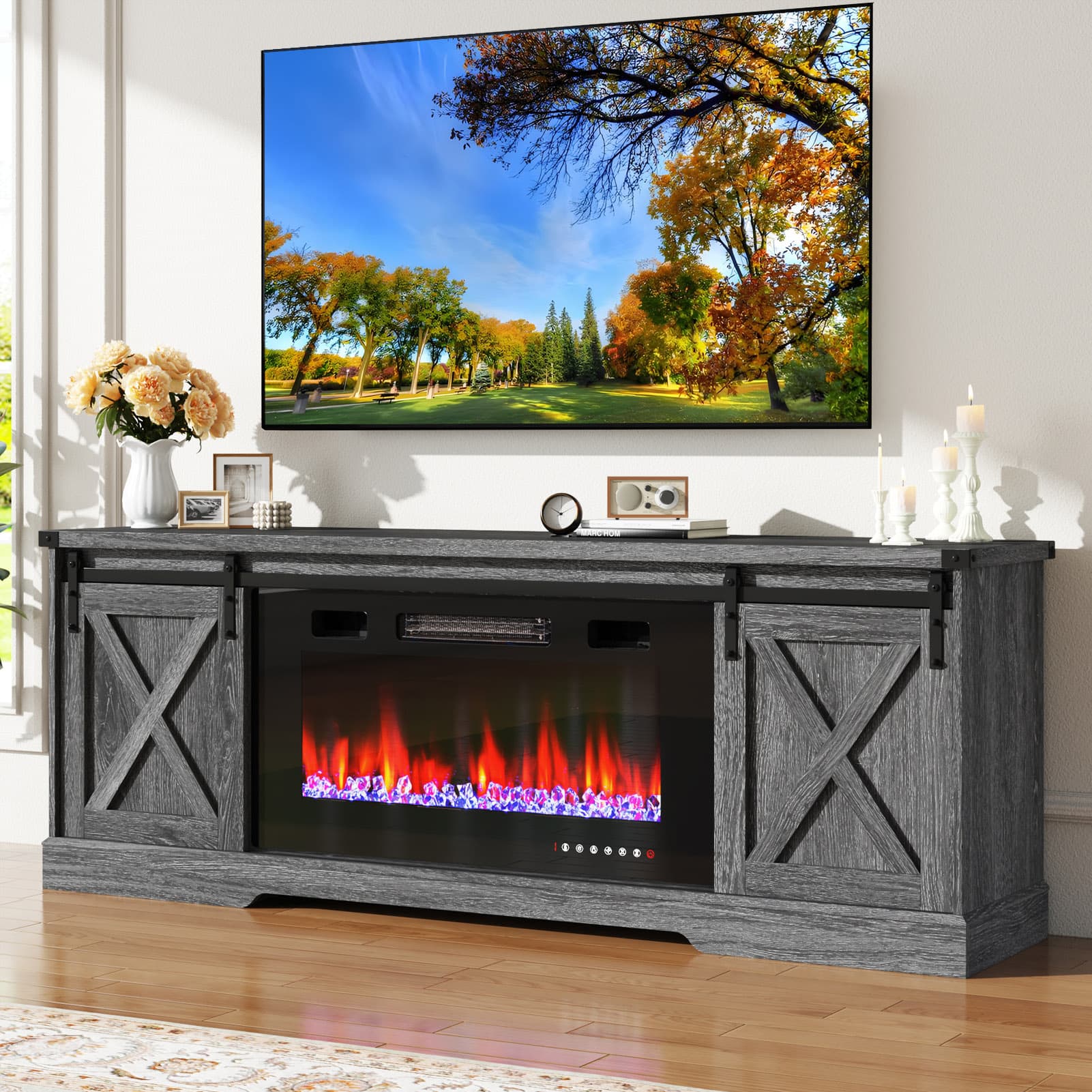 Farmhouse TV Stand with 36” Fireplace for 70/75/80 Inch TVs