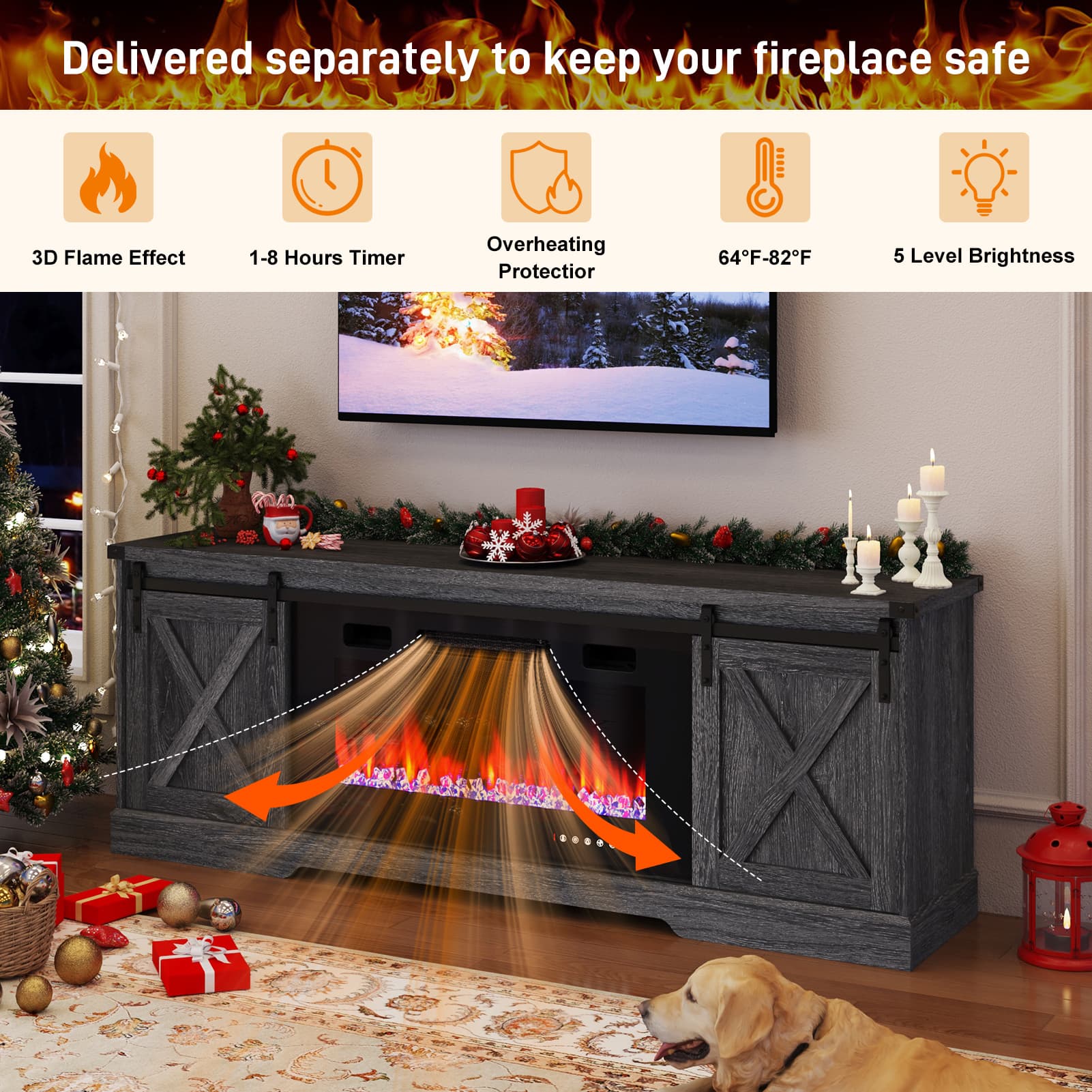 Farmhouse TV Stand with 36” Fireplace for 70/75/80 Inch TVs