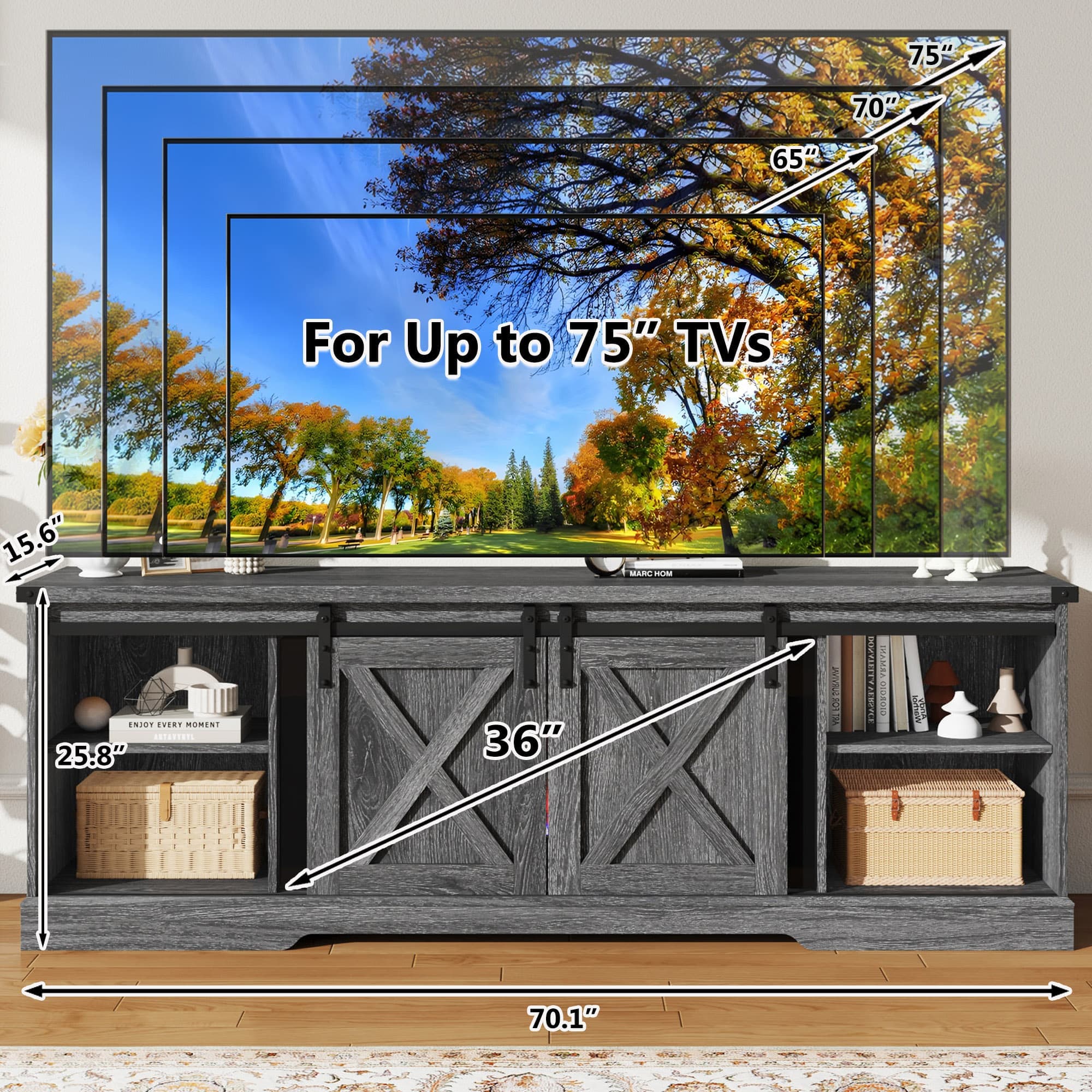 Farmhouse TV Stand with 36” Fireplace for 70/75/80 Inch TVs