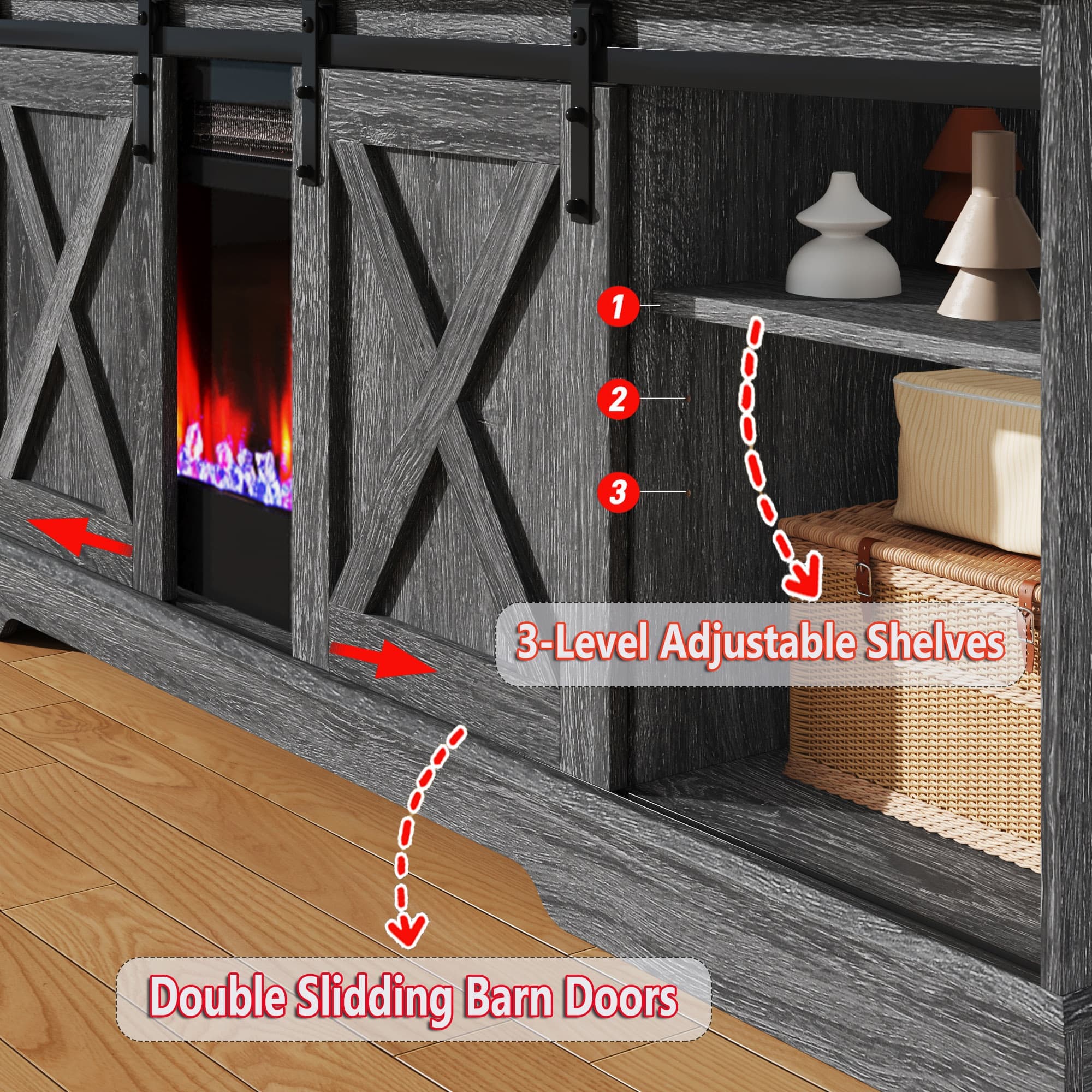 Farmhouse TV Stand with 36” Fireplace for 70/75/80 Inch TVs