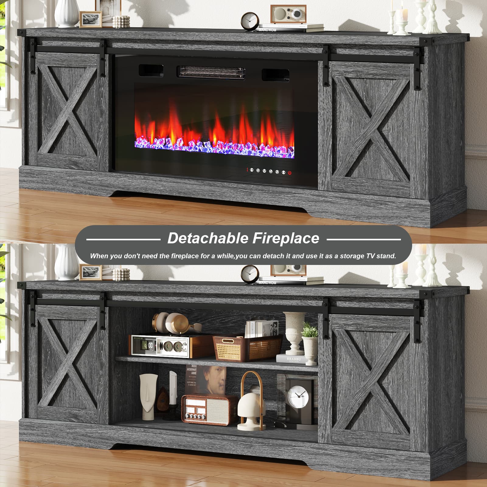 Farmhouse TV Stand with 36” Fireplace for 70/75/80 Inch TVs