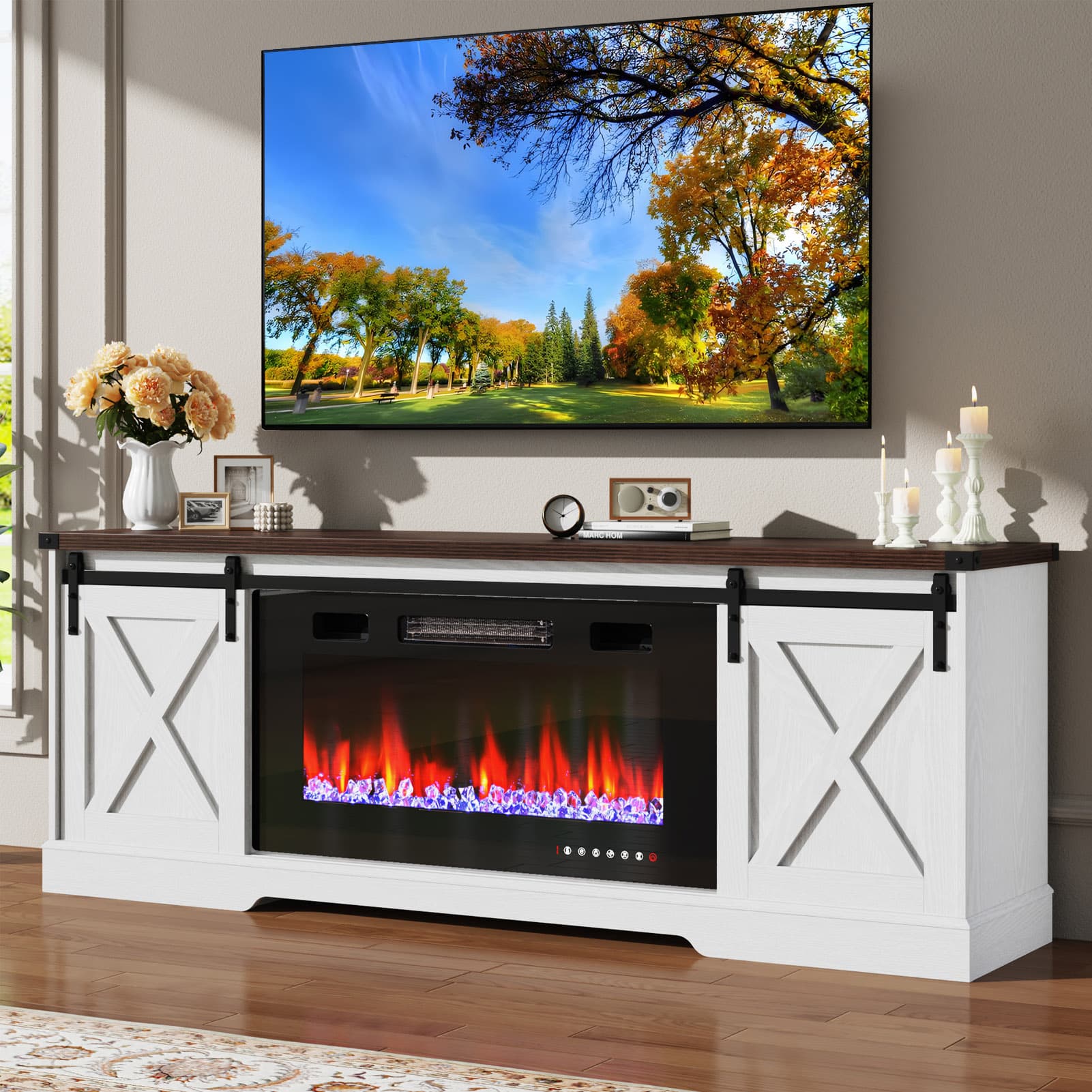 Farmhouse TV Stand with 36” Fireplace for 70/75/80 Inch TVs