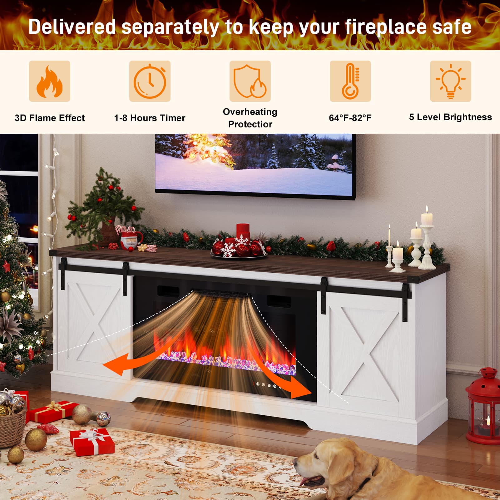 Farmhouse TV Stand with 36” Fireplace for 70/75/80 Inch TVs