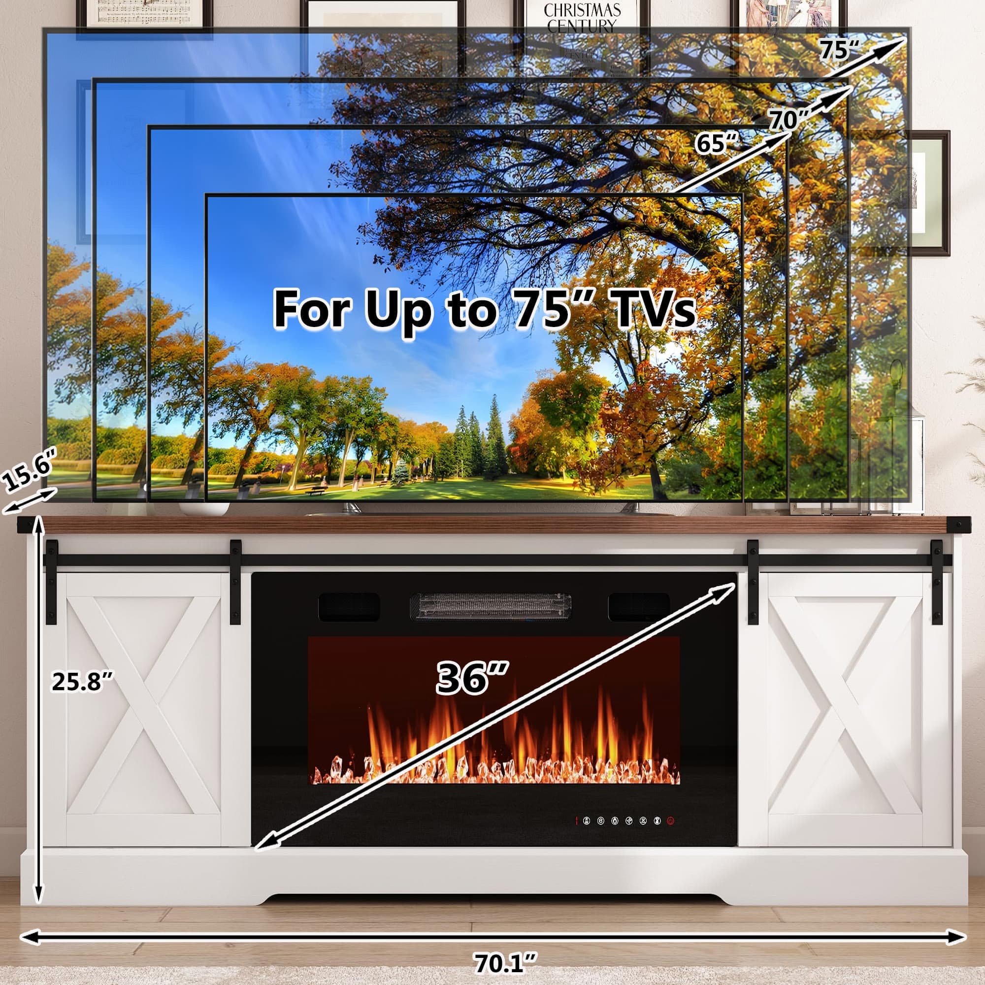 Farmhouse TV Stand with 36” Fireplace for 70/75/80 Inch TVs