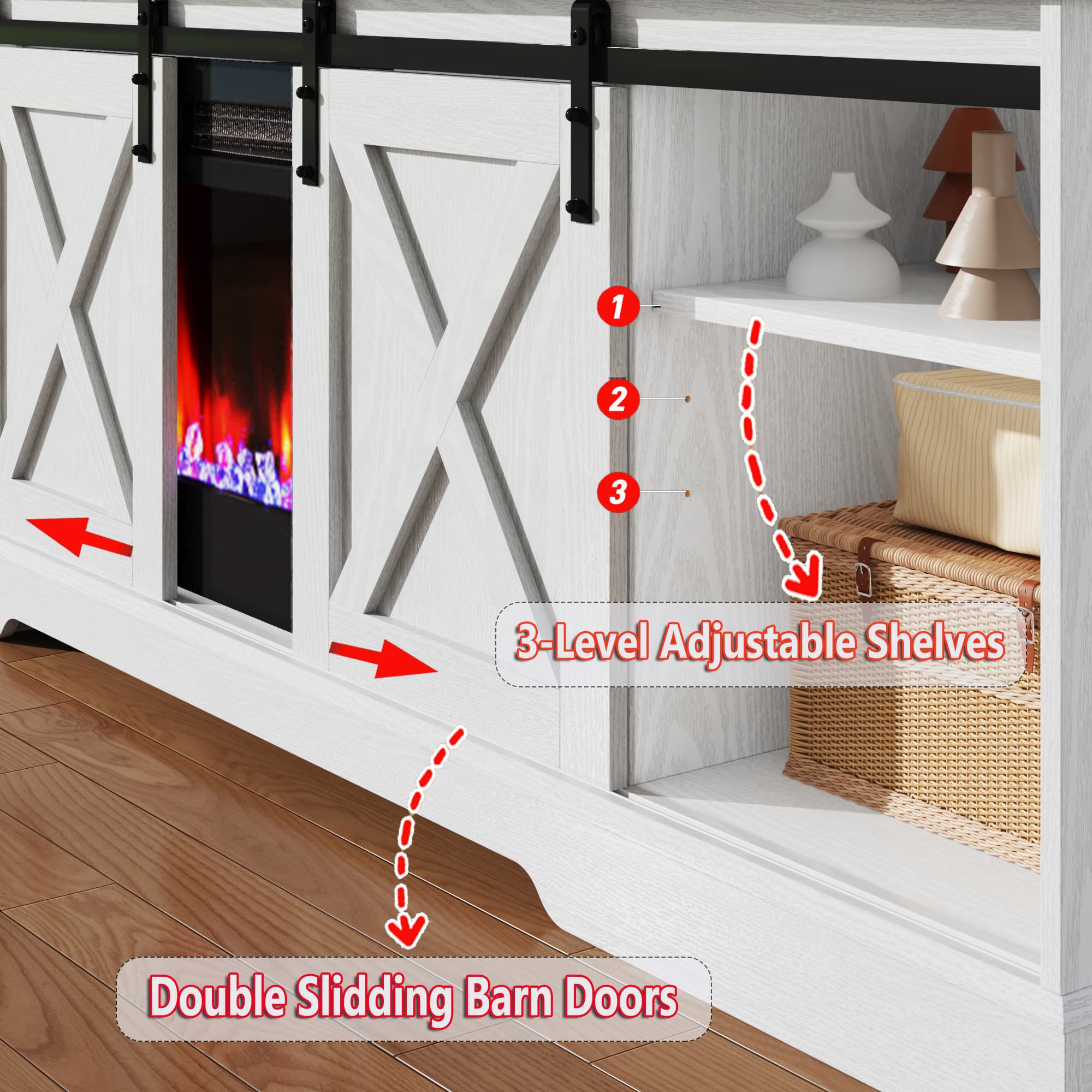 Farmhouse TV Stand with 36” Fireplace for 70/75/80 Inch TVs