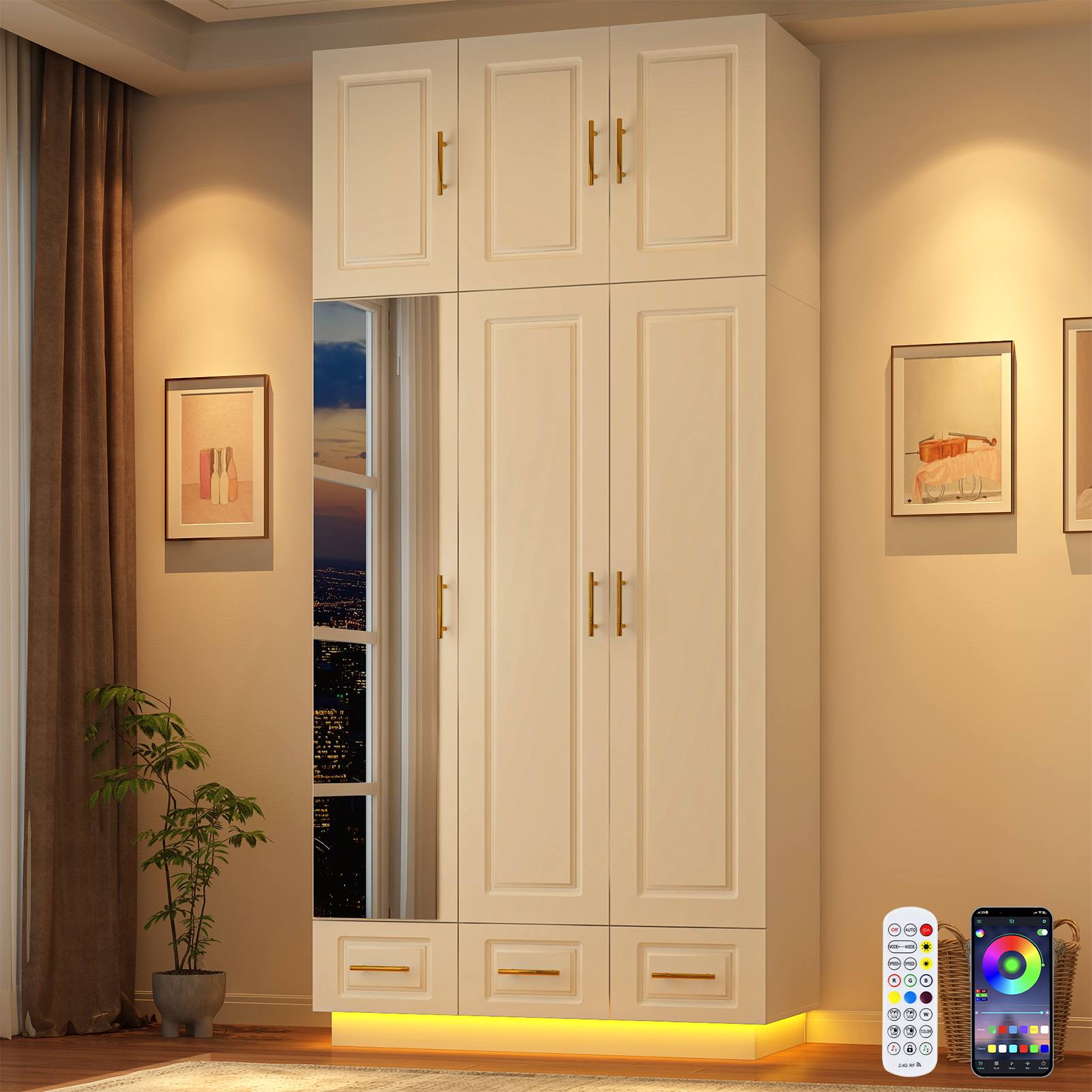 Blotout 94.5'' Armoire Wardrobe Closet with Top Cabinet and Mirror, Modern 3 Doors Adult Wood Closet Storage Cabinet with Hanging Rod & 3 Drawers & RGB LED 60,000 Color Lights/6 Storage Shelves