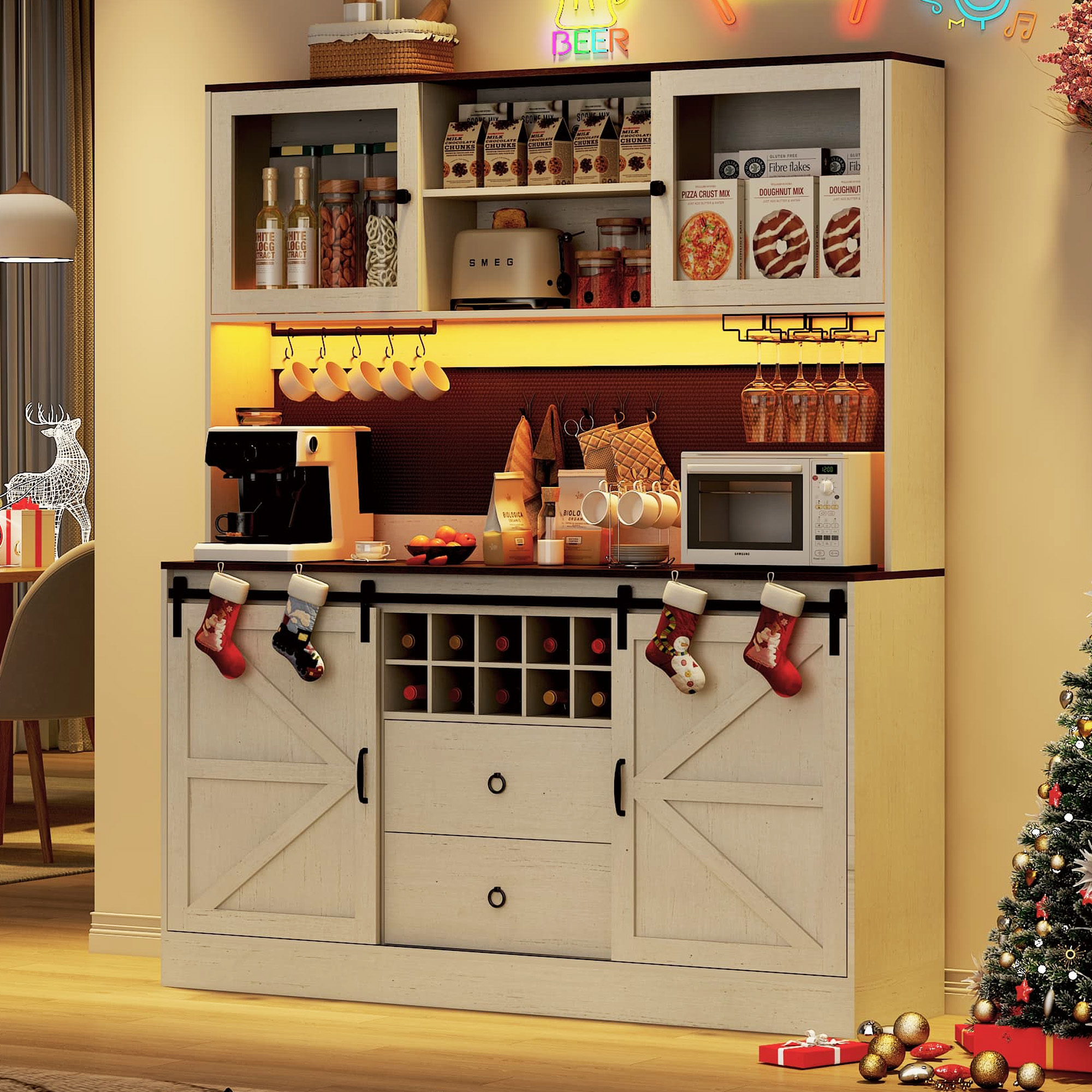 74" Farmhouse Kitchen Pantry Storage Cabinet with LED Light & Charging Station