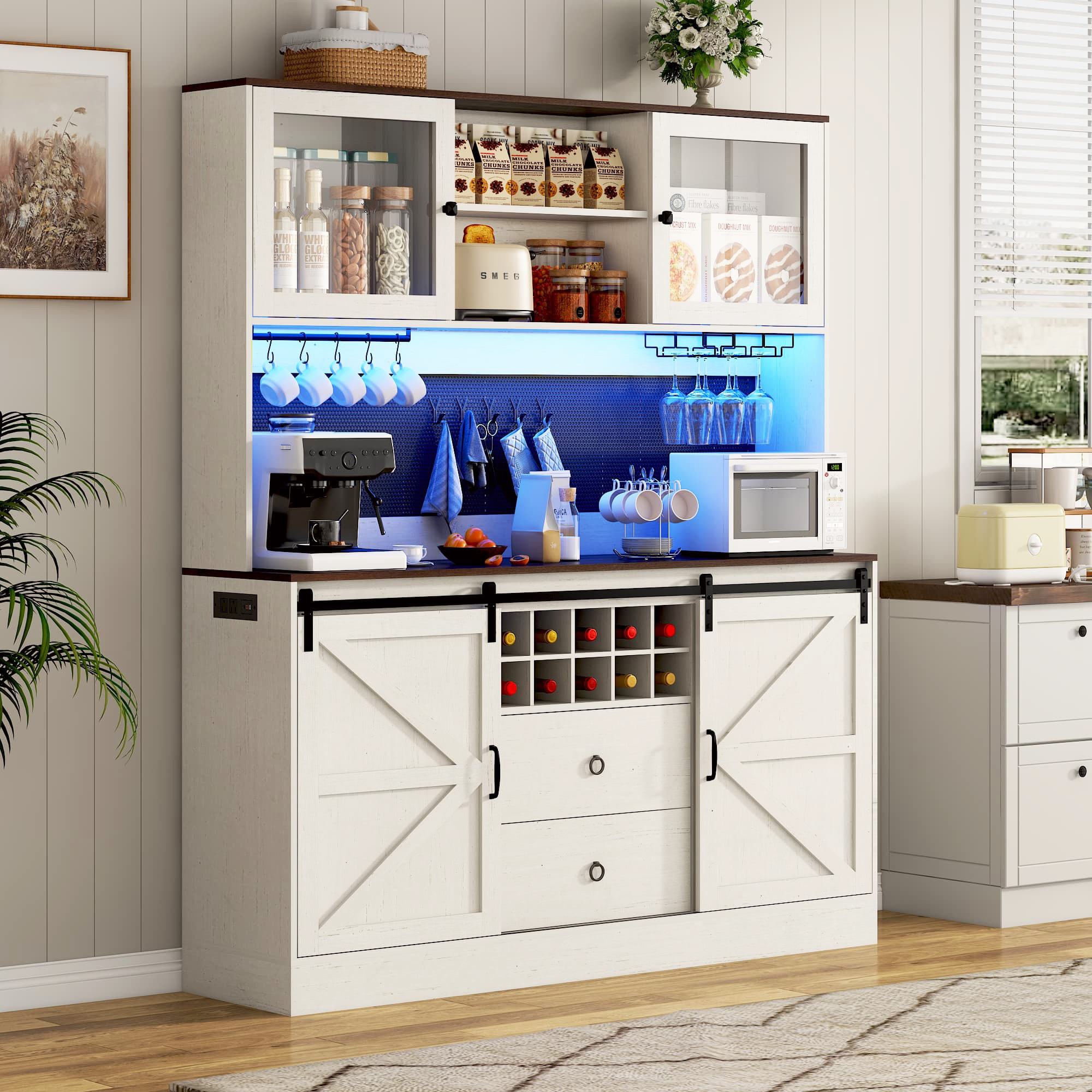 74" Farmhouse Kitchen Pantry Storage Cabinet with LED Light & Charging Station