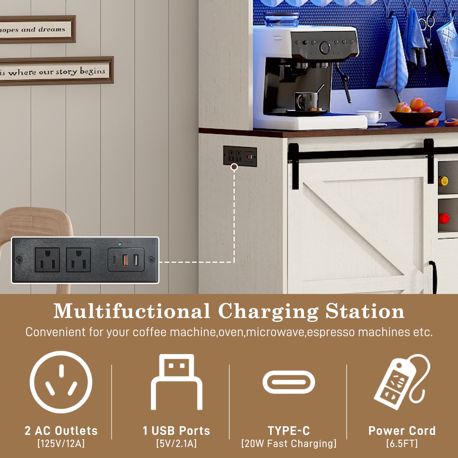 74" Farmhouse Kitchen Pantry Storage Cabinet with LED Light & Charging Station