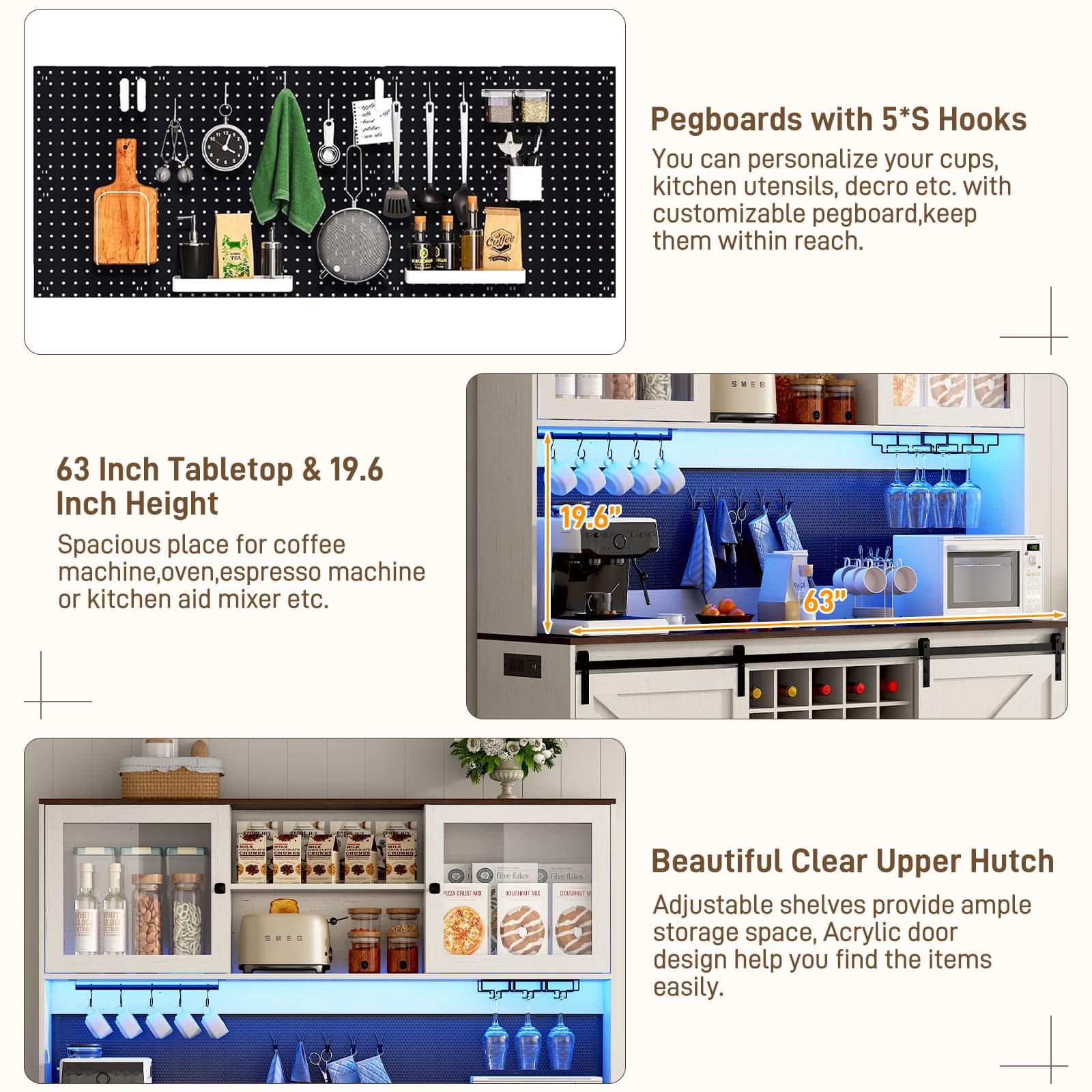 74" Farmhouse Kitchen Pantry Storage Cabinet with LED Light & Charging Station