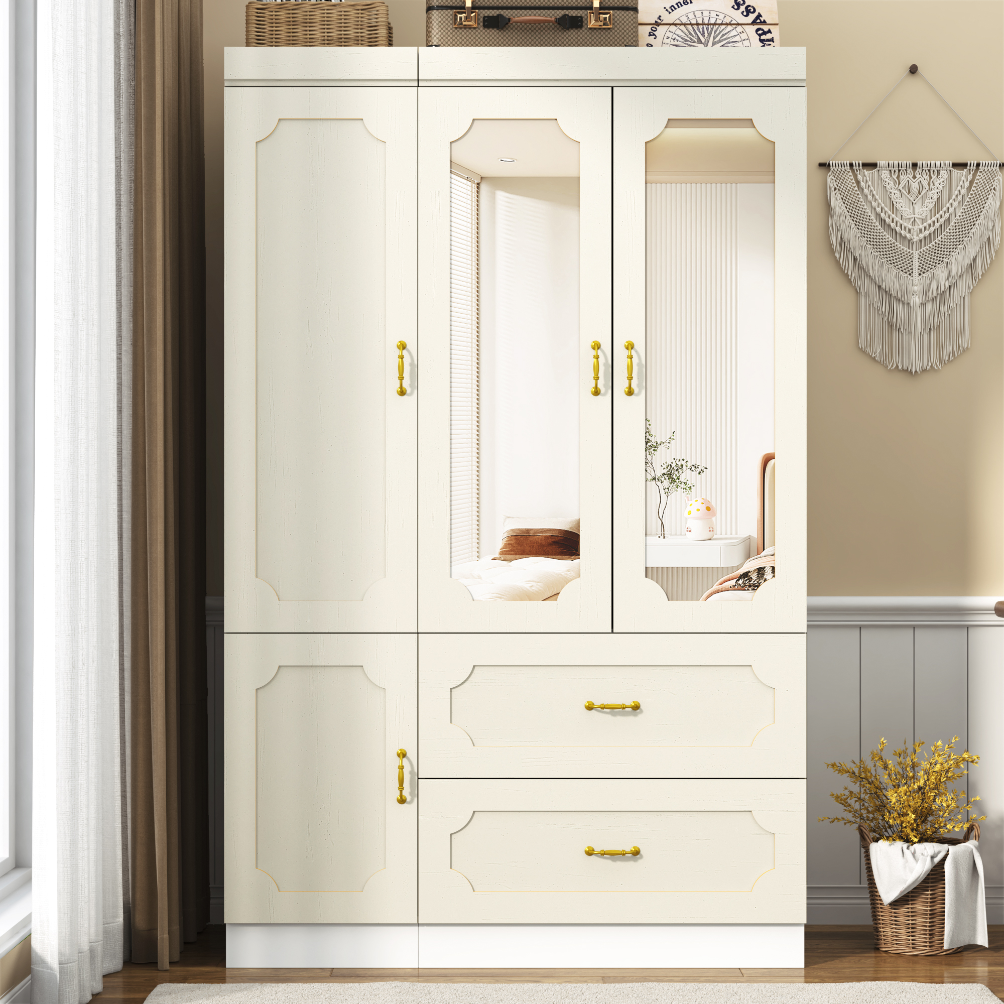 Blotout 75"H 3 Doors Armoire Wardrobe Closet with Mirror and LED Lights, LED Clothing Storage Cabinet with Hanging Rod and Drawers, Modern Wooden Wardrobe Cabinet for Bedroom