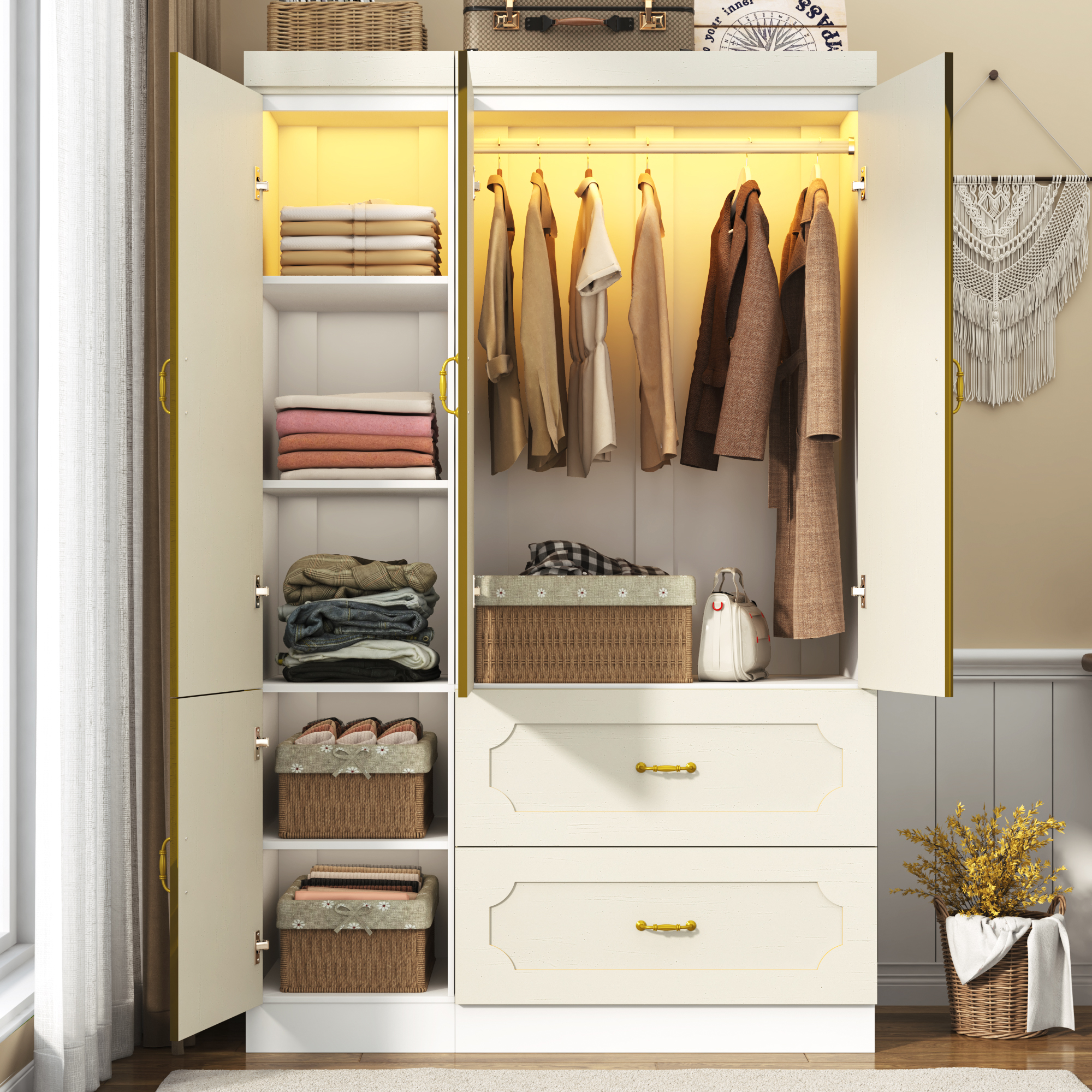 Blotout 75"H 3 Doors Armoire Wardrobe Closet with Mirror and LED Lights, LED Clothing Storage Cabinet with Hanging Rod and Drawers, Modern Wooden Wardrobe Cabinet for Bedroom