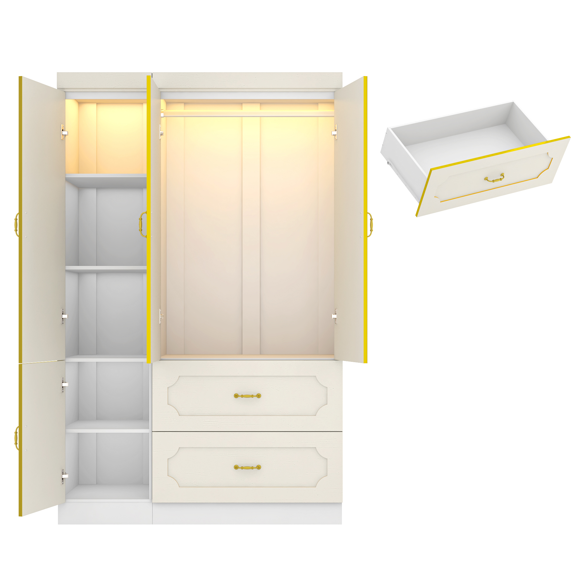 Blotout 75"H 3 Doors Armoire Wardrobe Closet with Mirror and LED Lights, LED Clothing Storage Cabinet with Hanging Rod and Drawers, Modern Wooden Wardrobe Cabinet for Bedroom