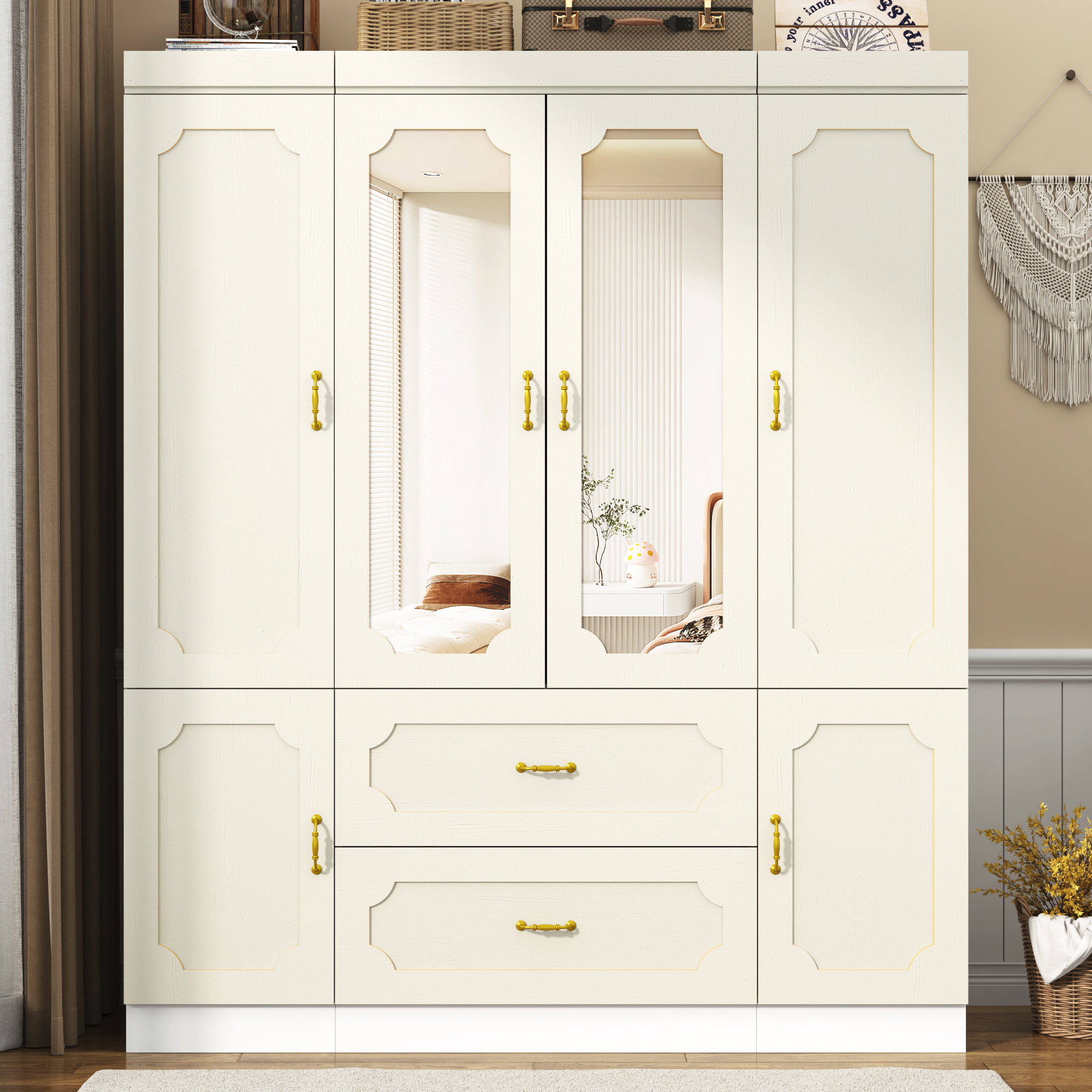 Blotout 75"H Armoire Wardrobe Closet with Mirror and LED Lights, LED Clothing Storage Cabinet with Hanging Rod and Drawers, 4 Door Wooden Wardrobe Cabinet for Bedroom