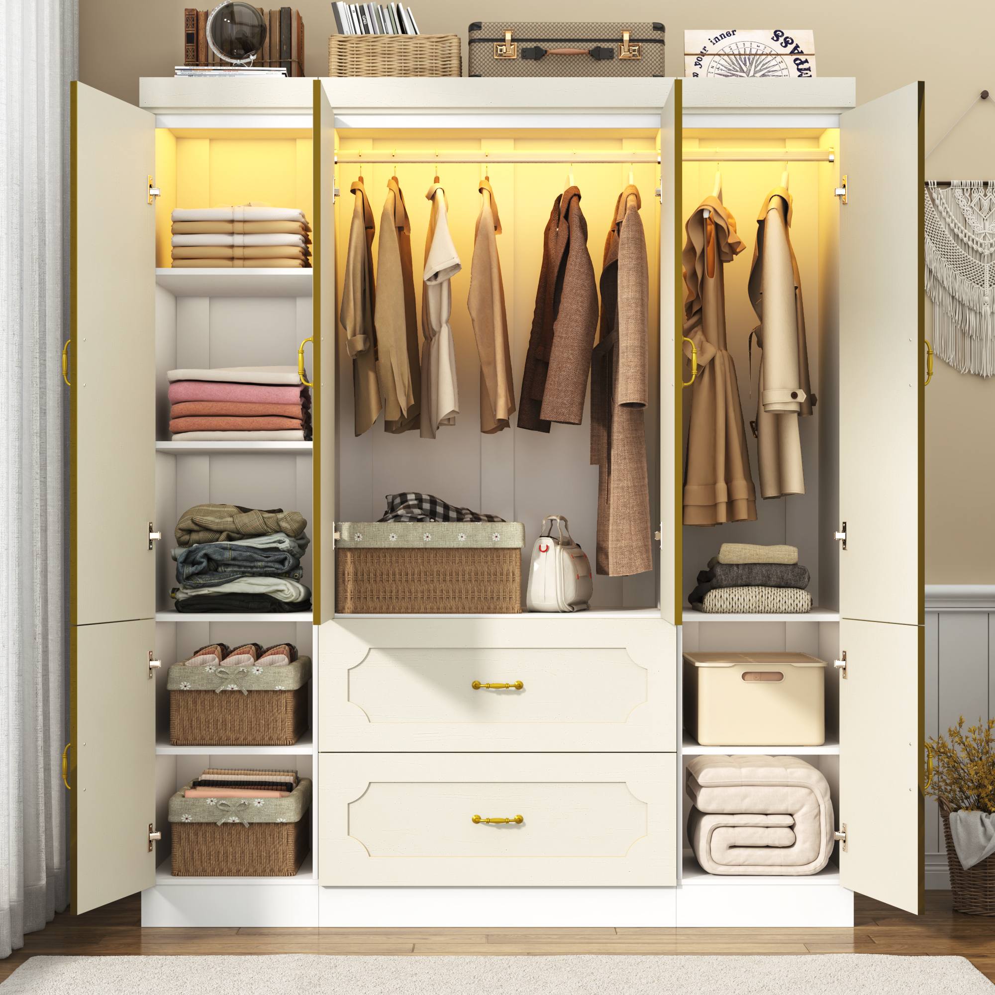 Blotout 75"H Armoire Wardrobe Closet with Mirror and LED Lights, LED Clothing Storage Cabinet with Hanging Rod and Drawers, 4 Door Wooden Wardrobe Cabinet for Bedroom