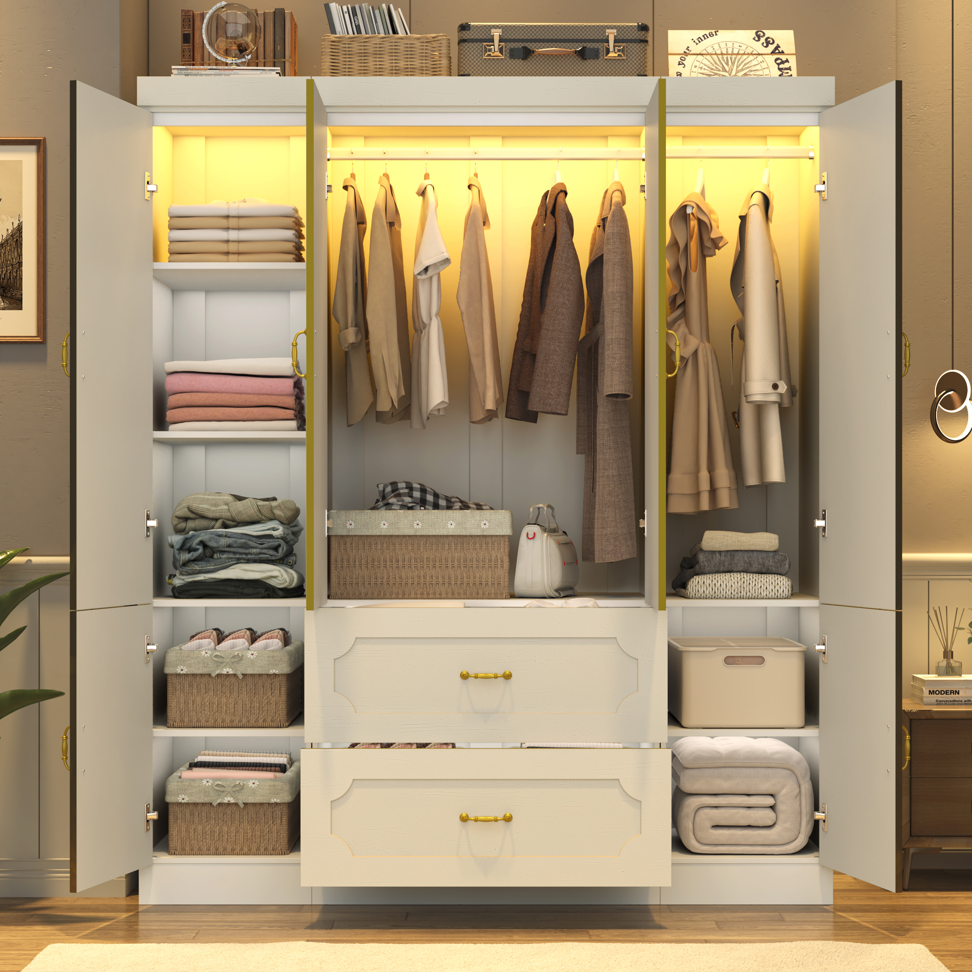 Blotout 75"H Armoire Wardrobe Closet with Mirror and LED Lights, LED Clothing Storage Cabinet with Hanging Rod and Drawers, 4 Door Wooden Wardrobe Cabinet for Bedroom