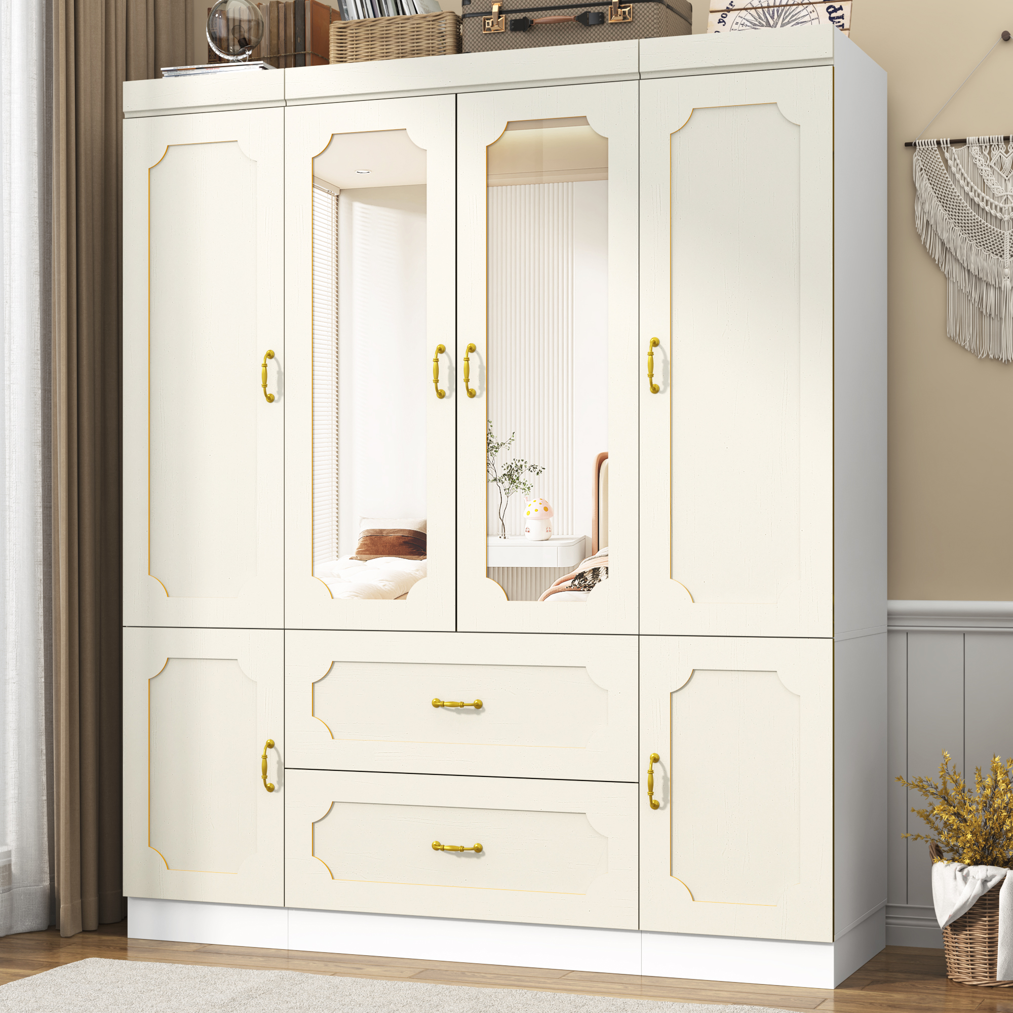 Blotout 75"H Armoire Wardrobe Closet with Mirror and LED Lights, LED Clothing Storage Cabinet with Hanging Rod and Drawers, 4 Door Wooden Wardrobe Cabinet for Bedroom