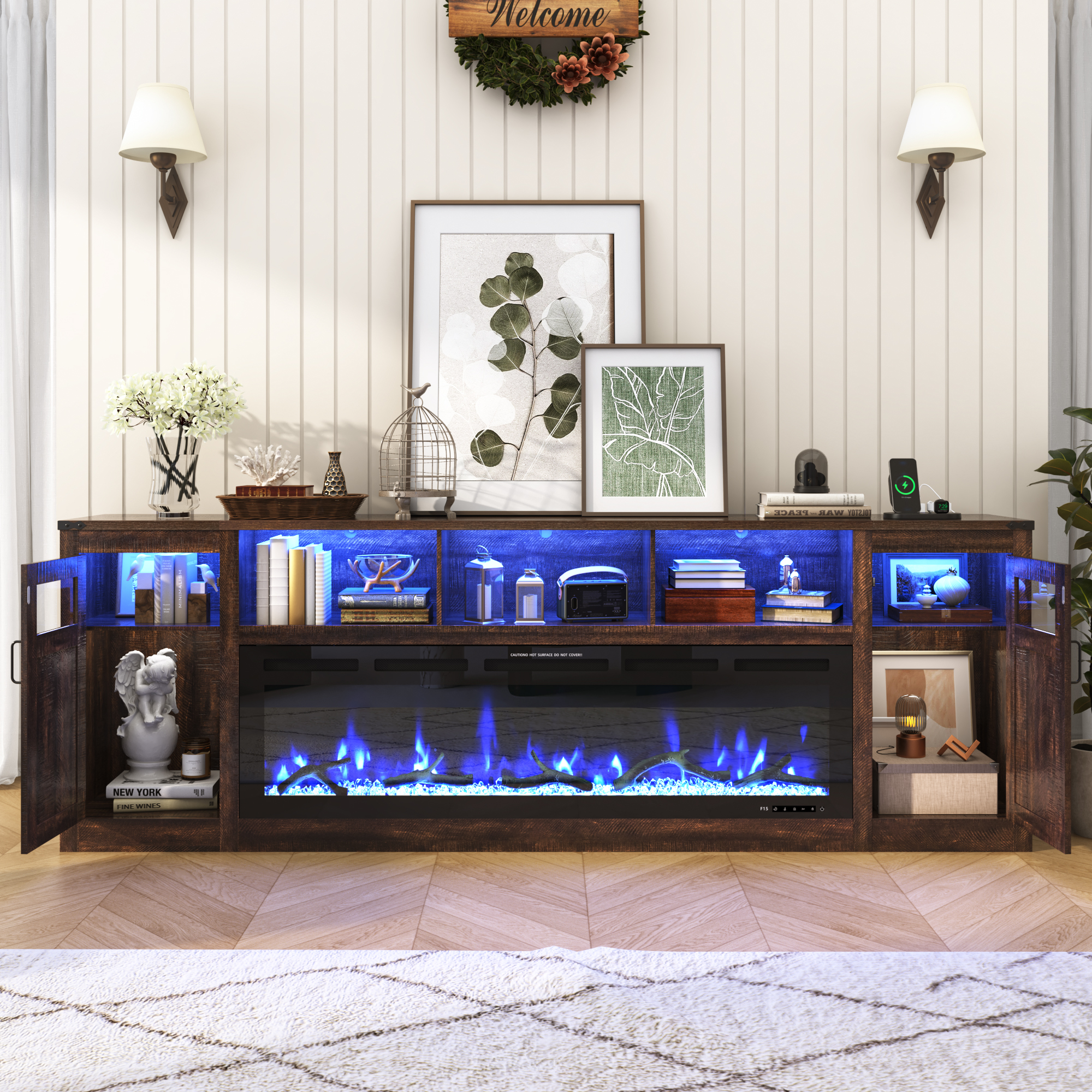 Blotout 95" Fireplace TV Stand for TVs up to 100" with 60" Electric Fireplace, Large Farmhous Media Entertainment Center w/LED Lights/Power Outlets & Barn Doors Storage Cabinet for Living Room,Brown