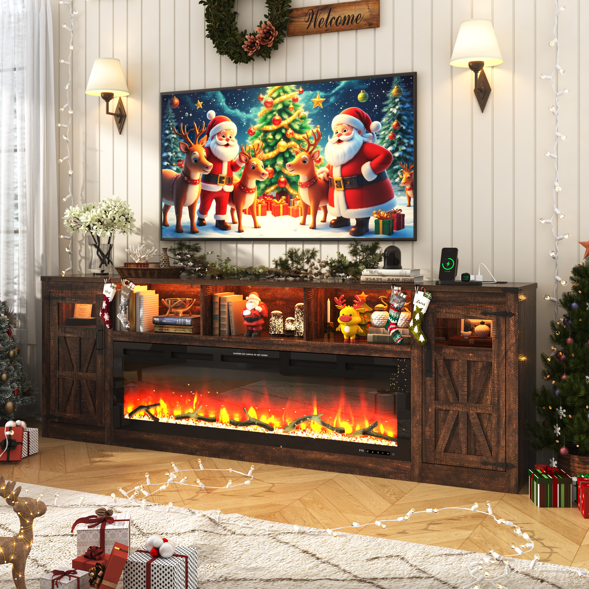 Blotout 95" Fireplace TV Stand for TVs up to 100" with 60" Electric Fireplace, Large Farmhous Media Entertainment Center w/LED Lights/Power Outlets & Barn Doors Storage Cabinet for Living Room,Brown