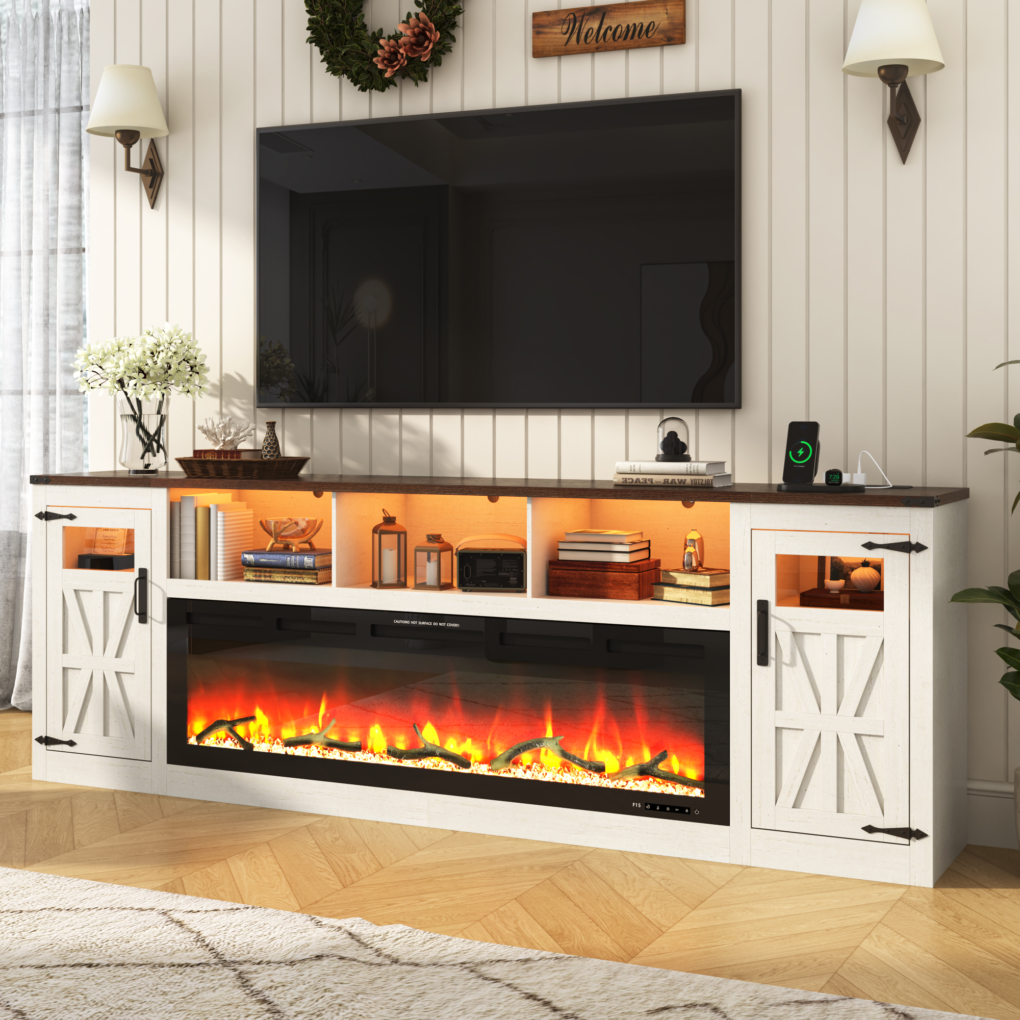 Blotout 95" Fireplace TV Stand for TVs up to 100" with 60" Electric Fireplace, Large Farmhous Media Entertainment Center w/LED Lights/Power Outlets & Barn Doors Storage Cabinet for Living Room,Brown