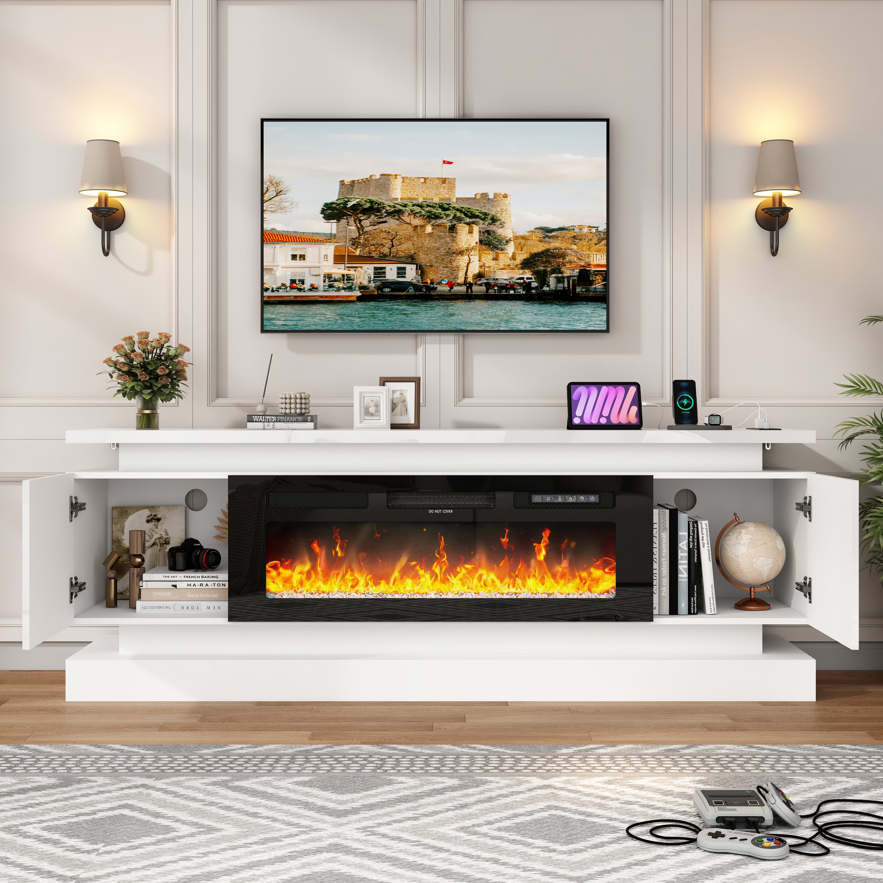 Blotout 71" Fireplace TV Stand with 40" Fireplace, LED Lights & Power Outlet for 85/80/75 Inch TV, Modern Gaming Entertainment Center with High Gloss Cabinet, Media TV Console for Living Room