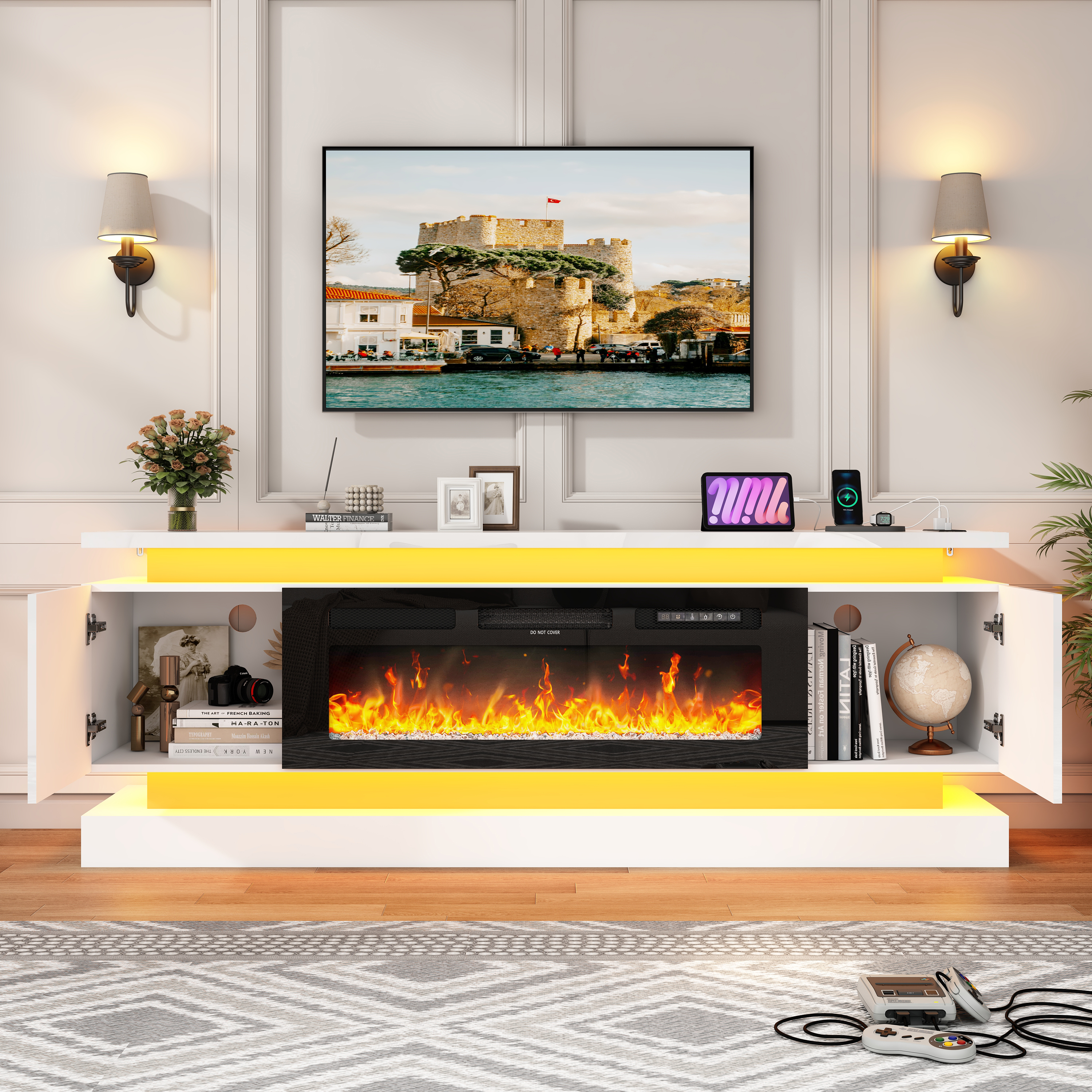 Blotout 71" Fireplace TV Stand with 40" Fireplace, LED Lights & Power Outlet for 85/80/75 Inch TV, Modern Gaming Entertainment Center with High Gloss Cabinet, Media TV Console for Living Room