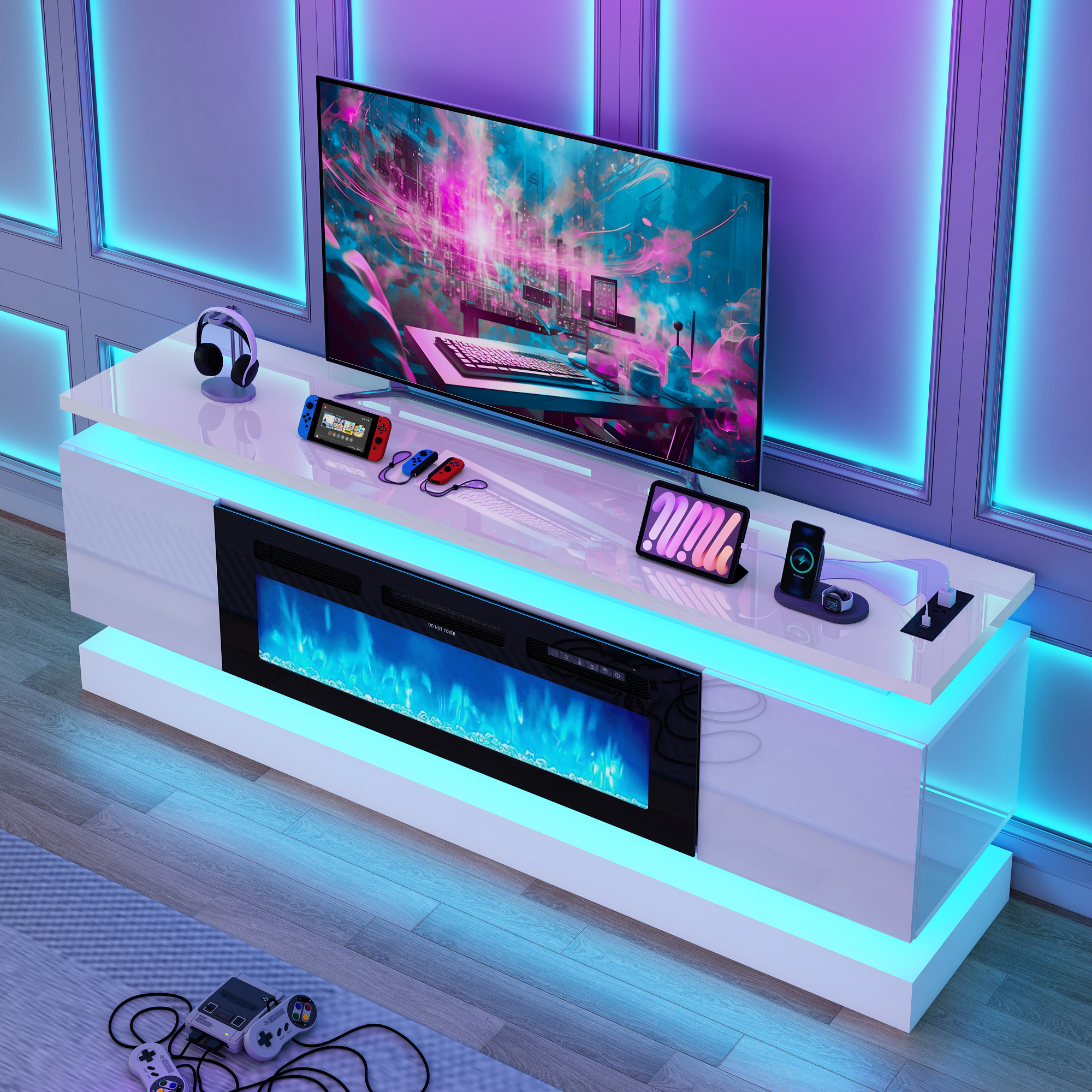 Blotout 71" Fireplace TV Stand with 40" Fireplace, LED Lights & Power Outlet for 85/80/75 Inch TV, Modern Gaming Entertainment Center with High Gloss Cabinet, Media TV Console for Living Room