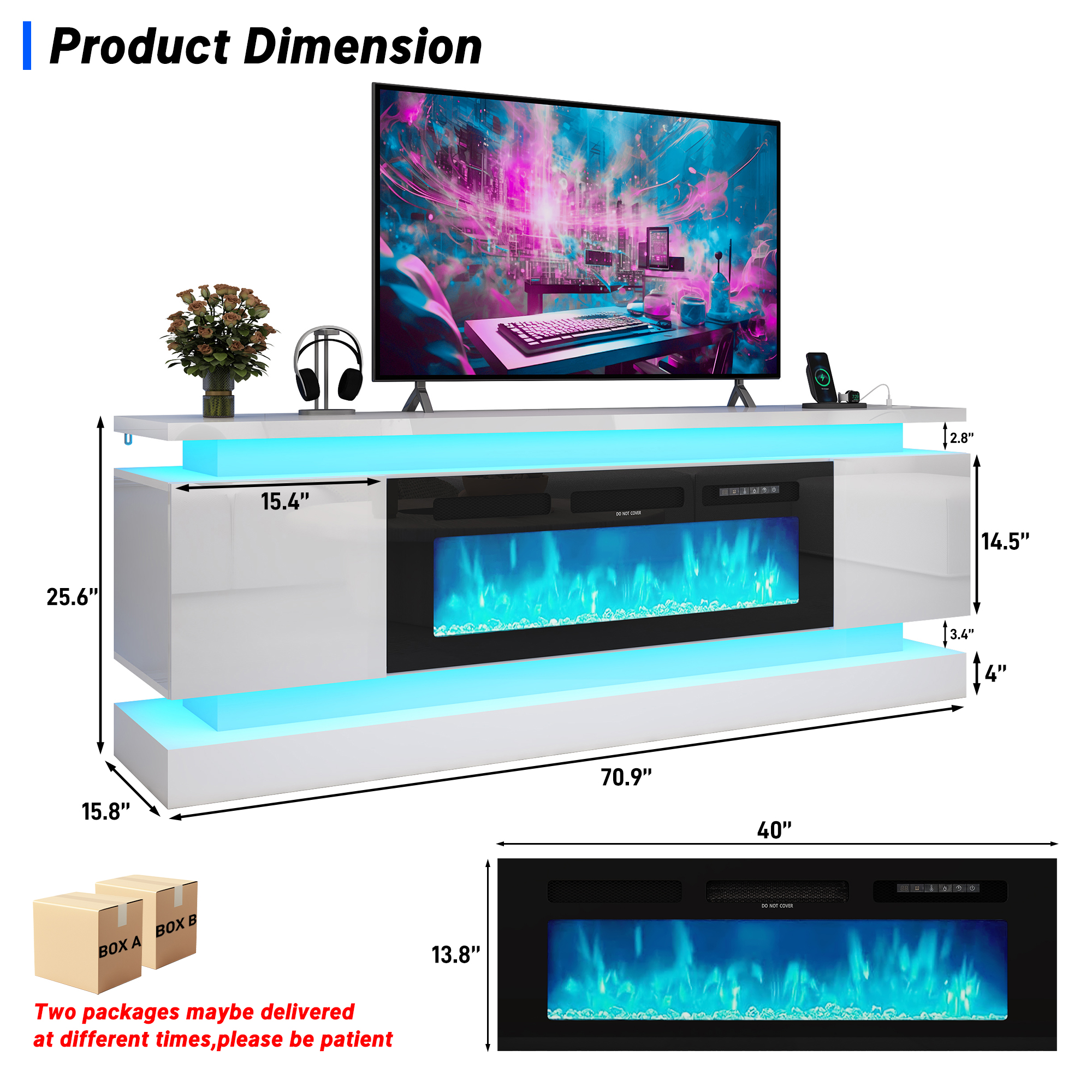 Blotout 71" Fireplace TV Stand with 40" Fireplace, LED Lights & Power Outlet for 85/80/75 Inch TV, Modern Gaming Entertainment Center with High Gloss Cabinet, Media TV Console for Living Room