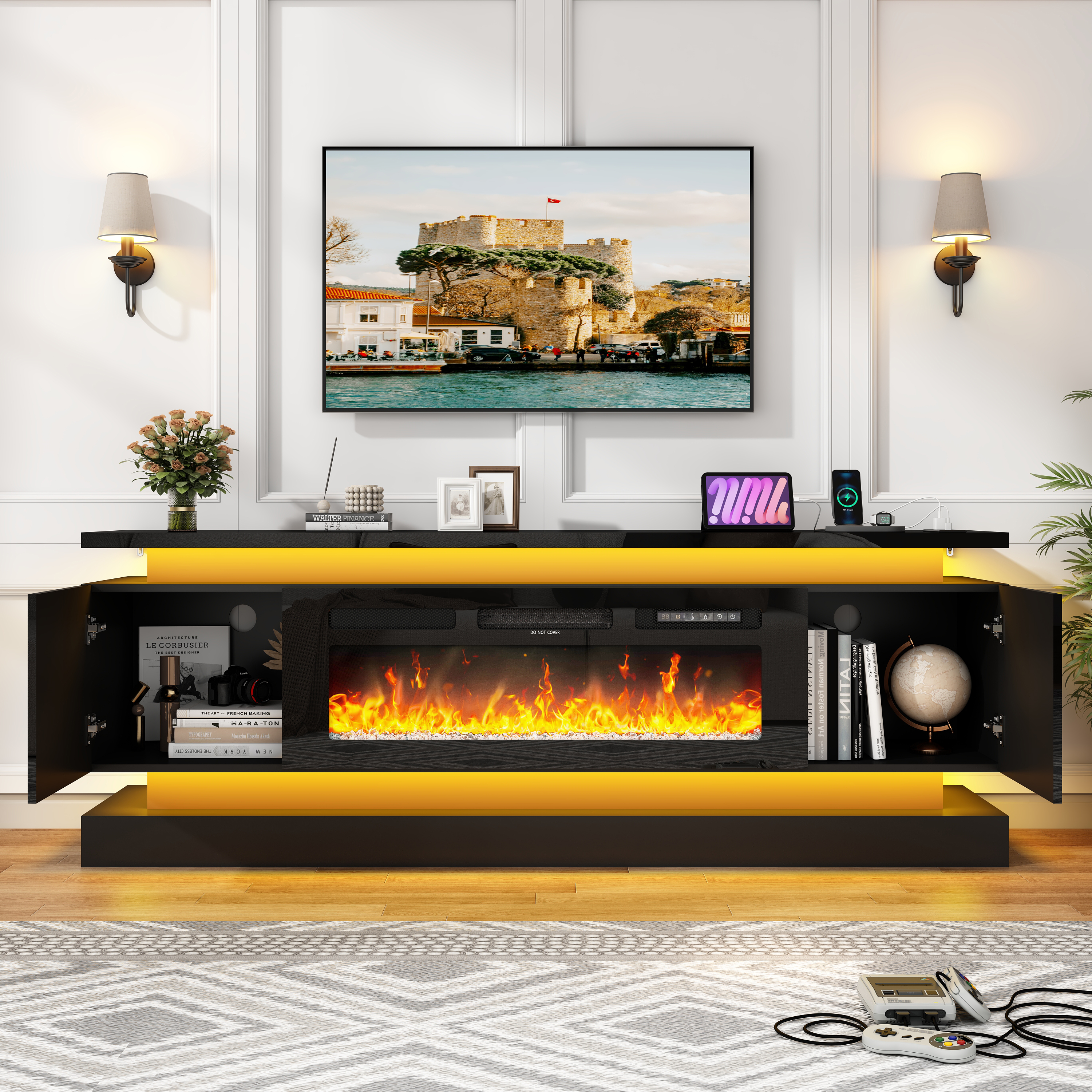 Blotout 71" Fireplace TV Stand with 40" Fireplace, LED Lights & Power Outlet for 85/80/75 Inch TV, Modern Gaming Entertainment Center with High Gloss Cabinet, Media TV Console for Living Room