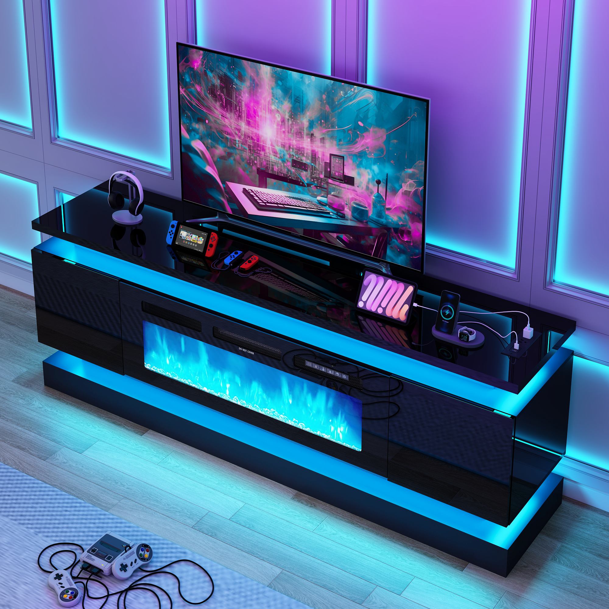 Blotout 71" Fireplace TV Stand with 40" Fireplace, LED Lights & Power Outlet for 85/80/75 Inch TV, Modern Gaming Entertainment Center with High Gloss Cabinet, Media TV Console for Living Room