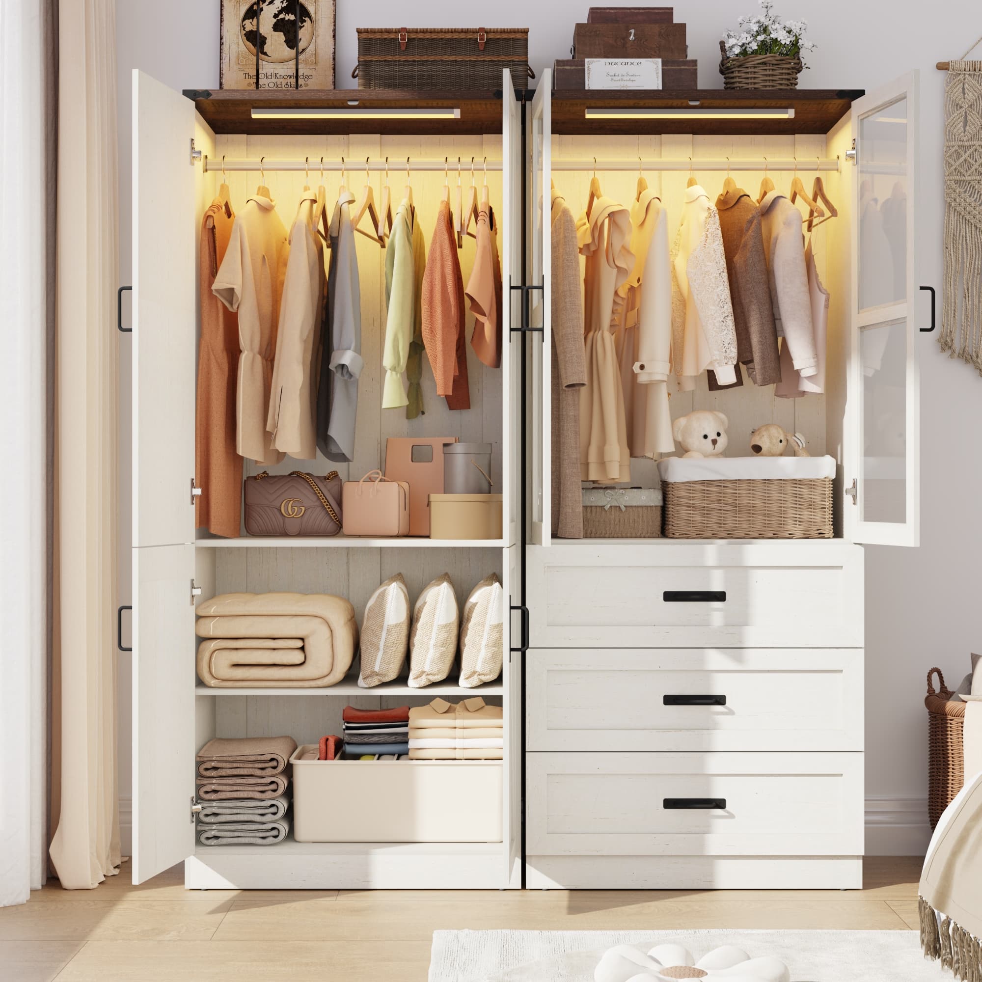 75" H Armoire Wardrobe Closet 6 Doors with LED Lights & 3 Drawers