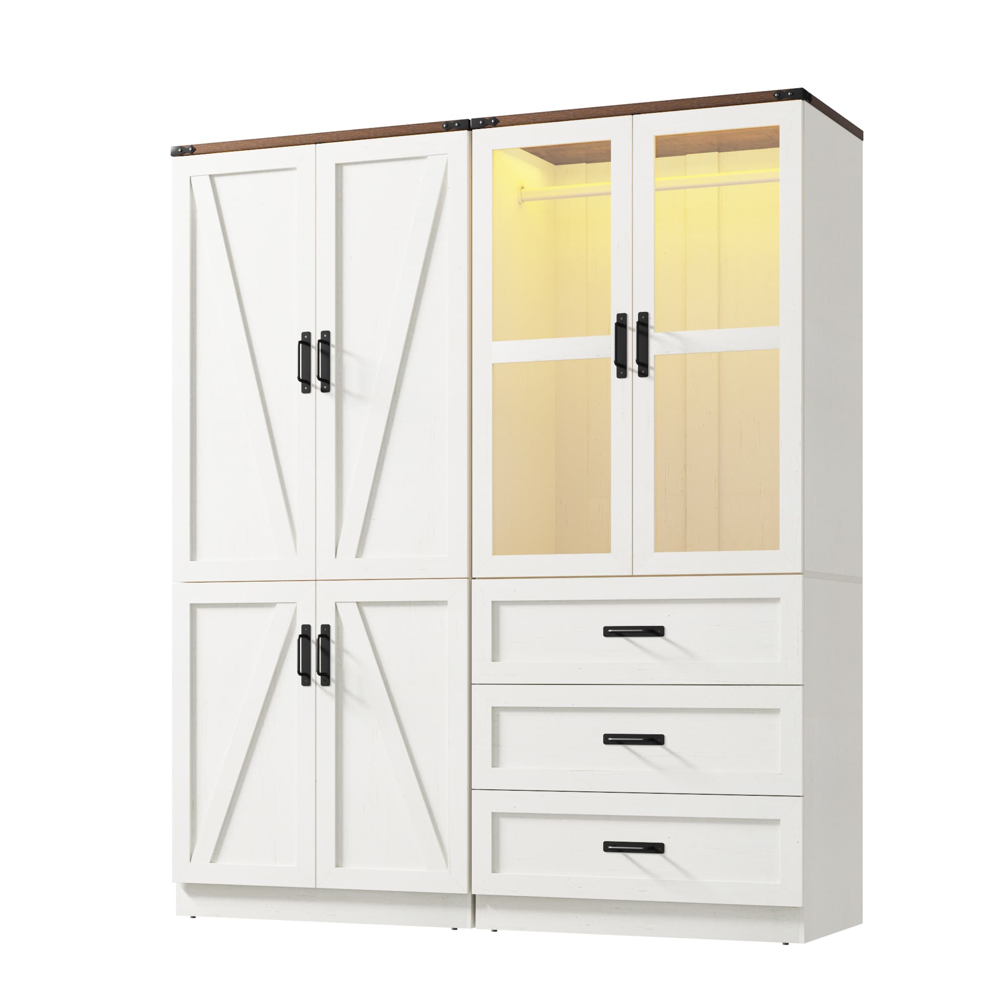 75" H Armoire Wardrobe Closet 6 Doors with LED Lights & 3 Drawers