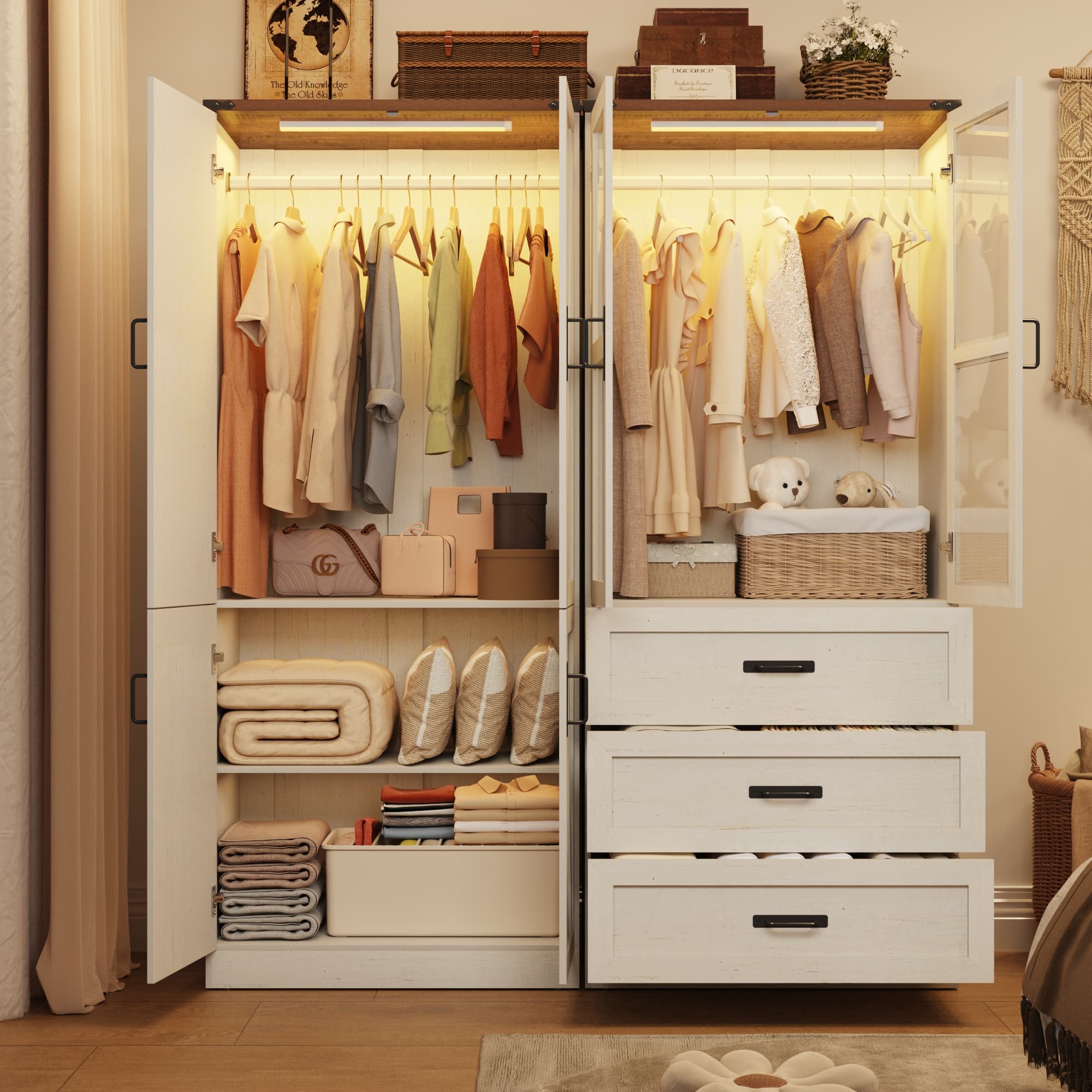 75" H Armoire Wardrobe Closet 6 Doors with LED Lights & 3 Drawers