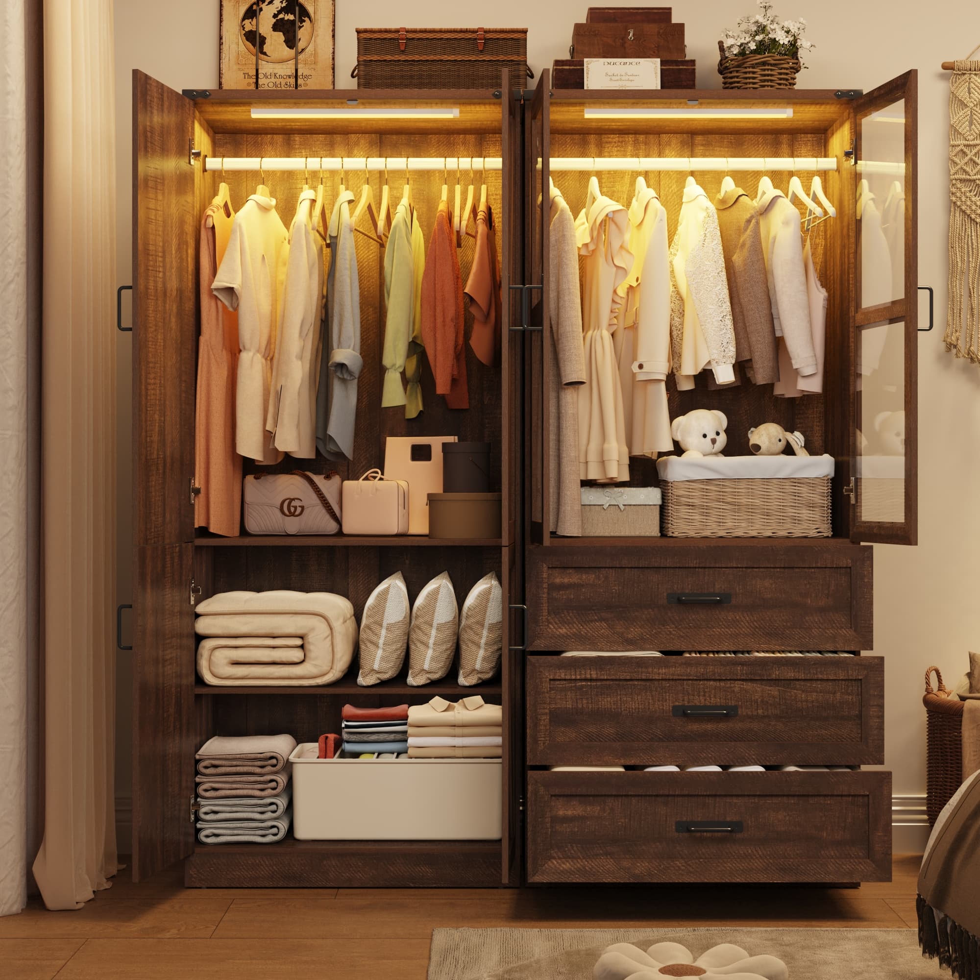 75" H Armoire Wardrobe Closet 6 Doors with LED Lights & 3 Drawers