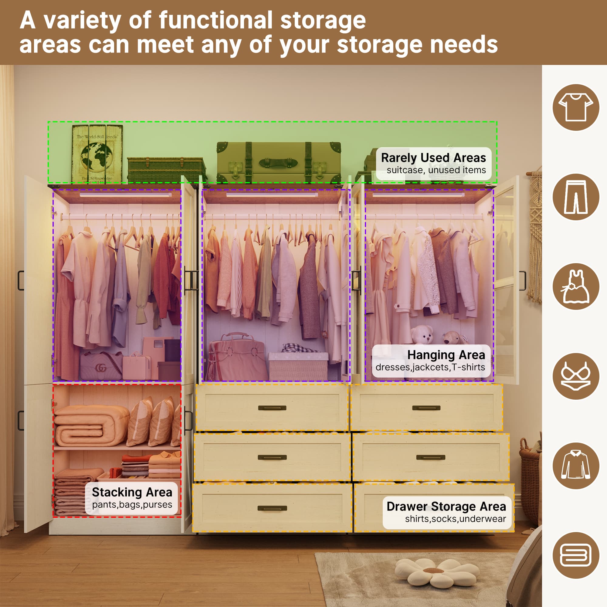 75"H Farmhouse Armoire Wardrobe Set with Drawers and Glass Doors