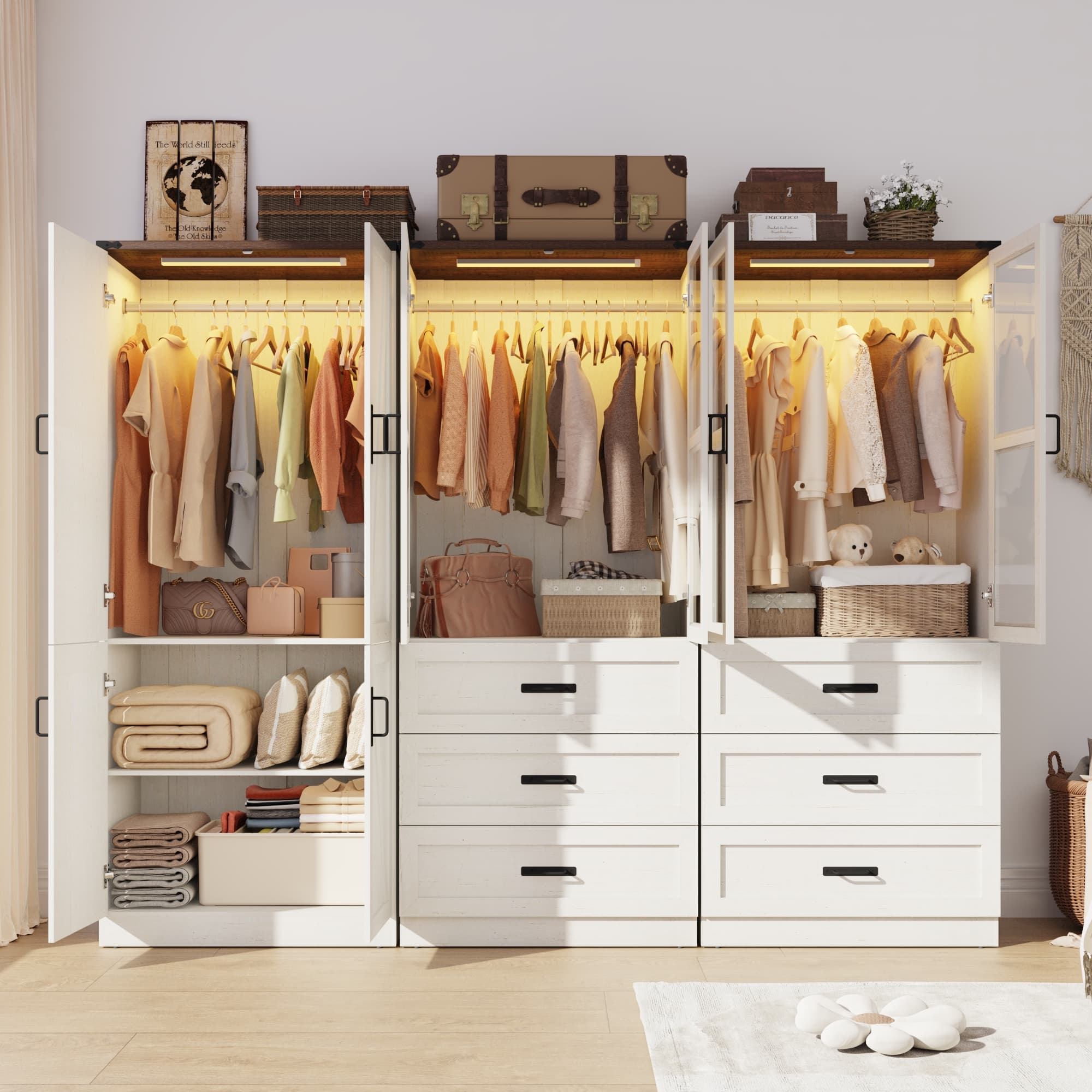 75"H Farmhouse Armoire Wardrobe Set with Drawers and Glass Doors