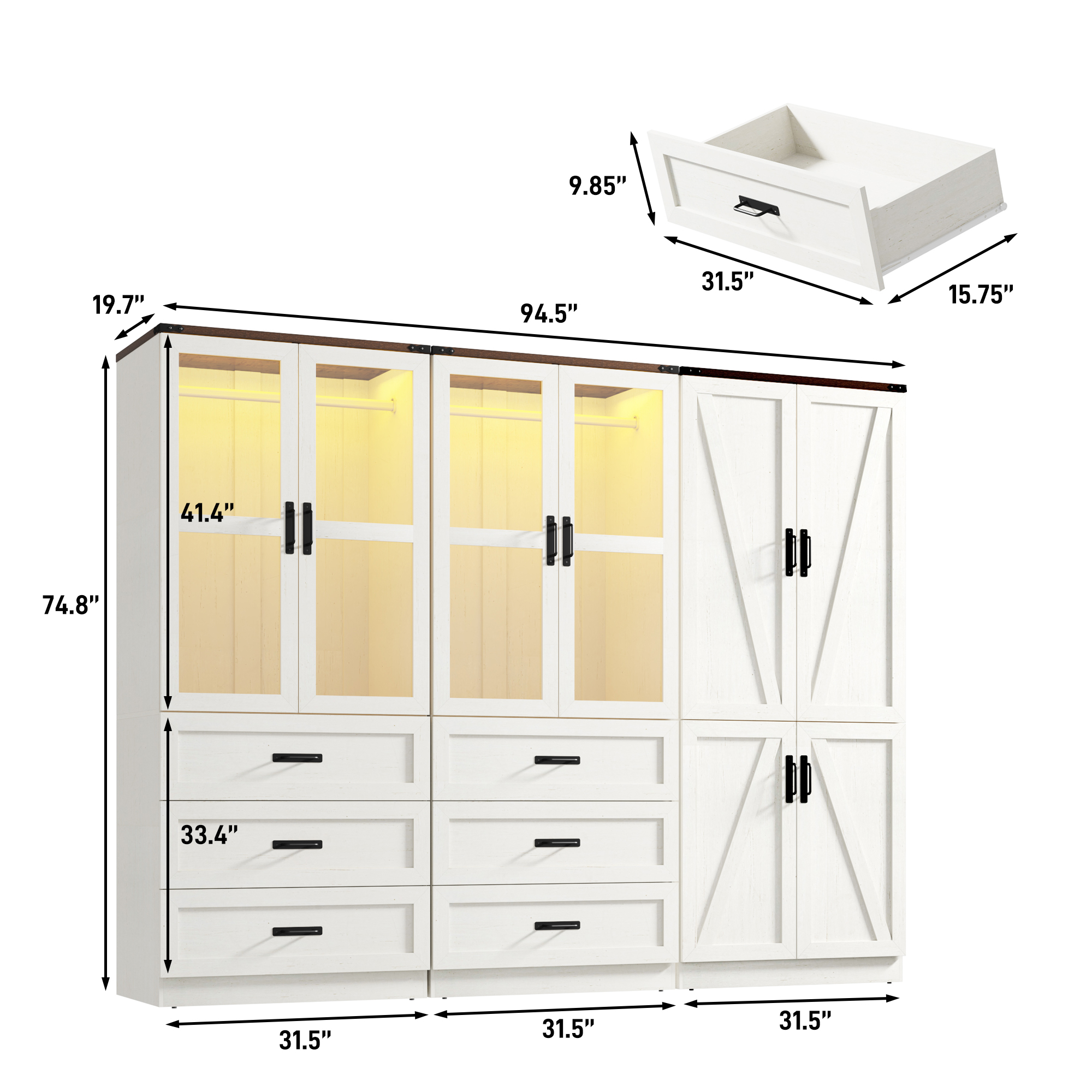 75"H Farmhouse Armoire Wardrobe Set with Drawers and Glass Doors
