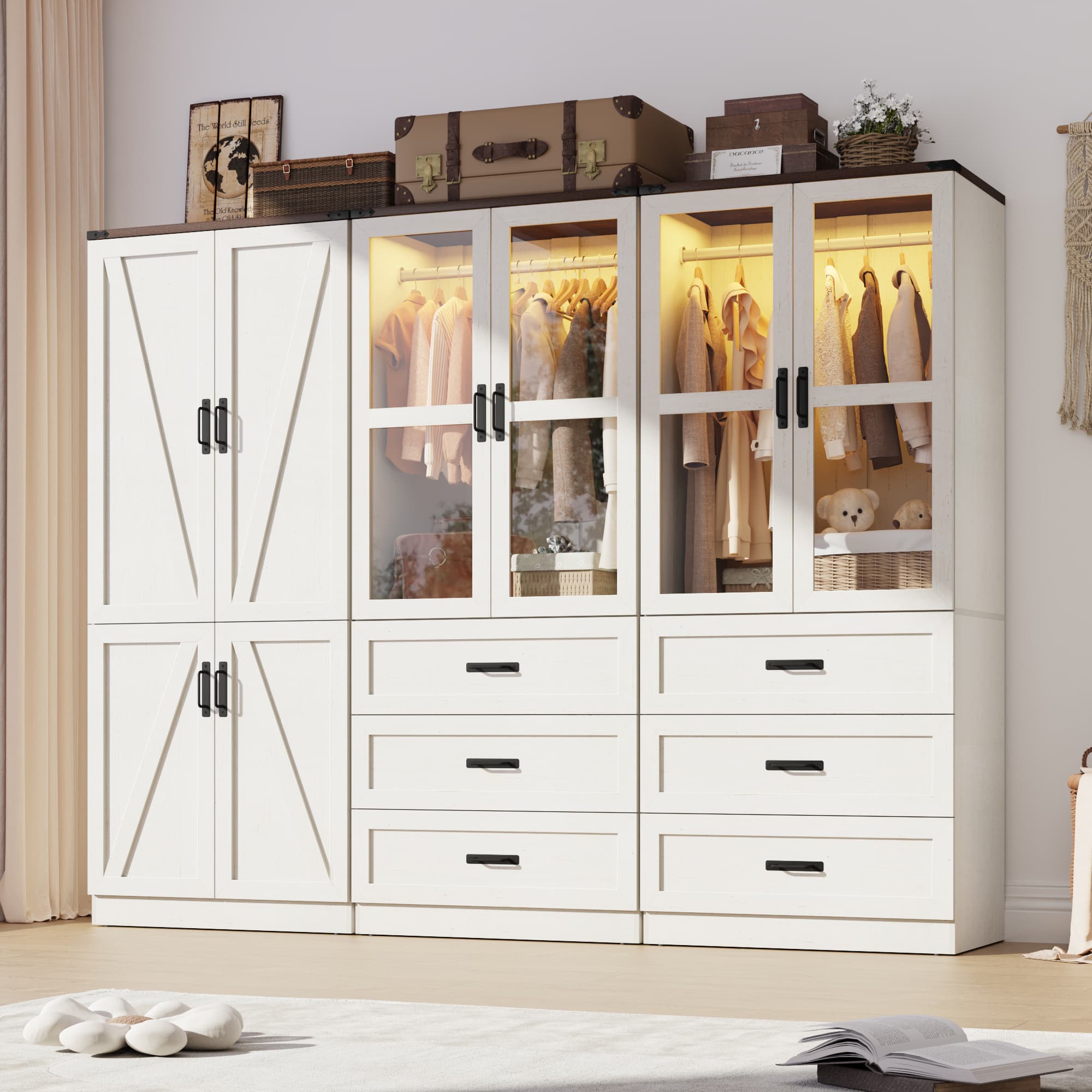 75"H Farmhouse Armoire Wardrobe Set with Drawers and Glass Doors