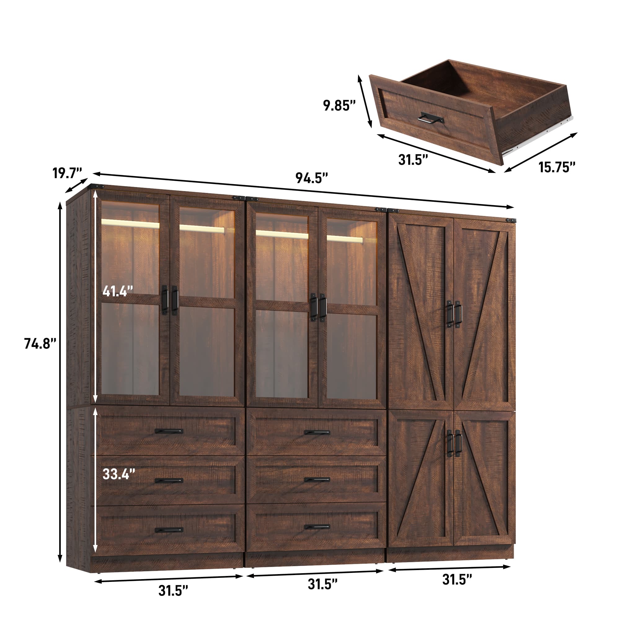 75"H Farmhouse Armoire Wardrobe Set with Drawers and Glass Doors