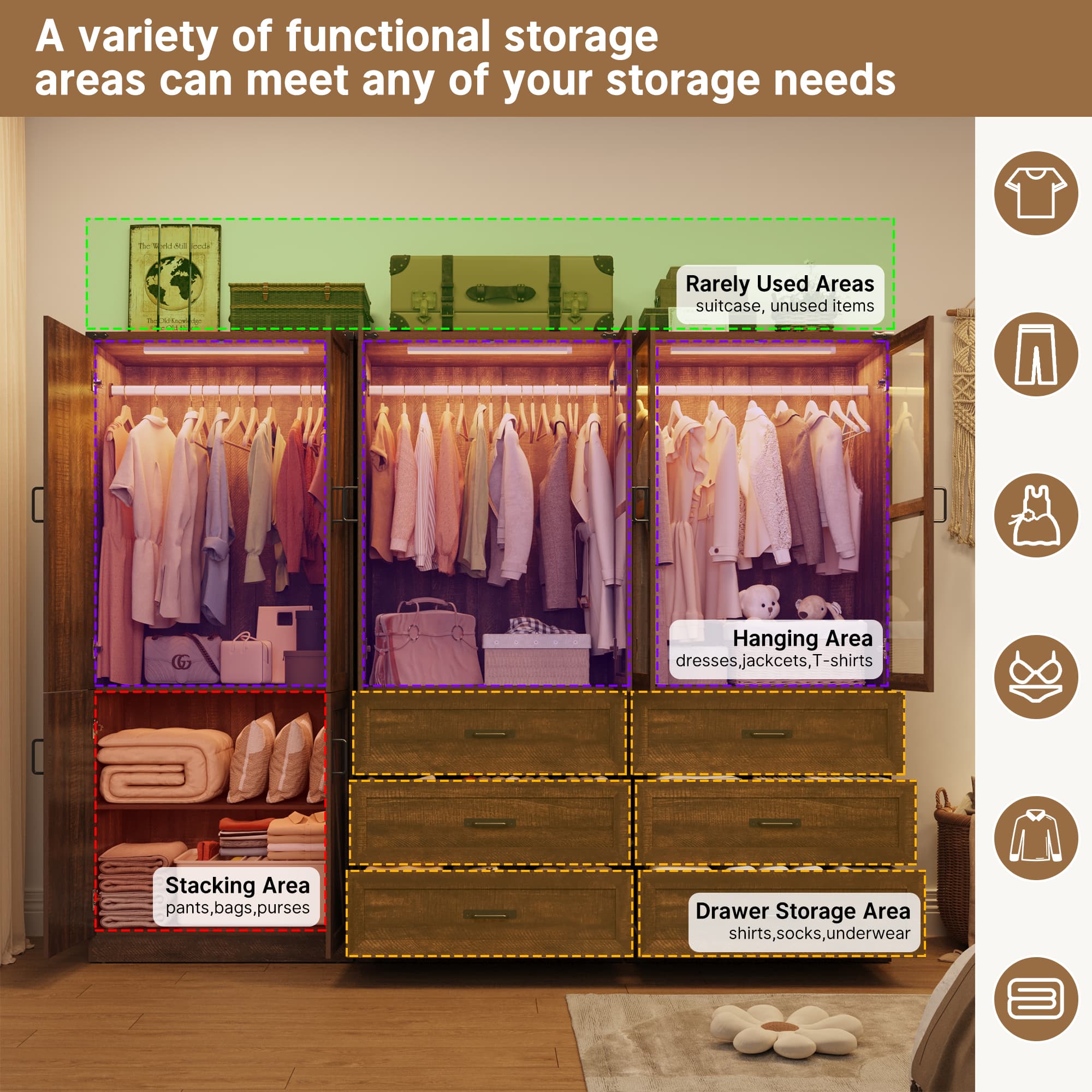 75"H Farmhouse Armoire Wardrobe Set with Drawers and Glass Doors