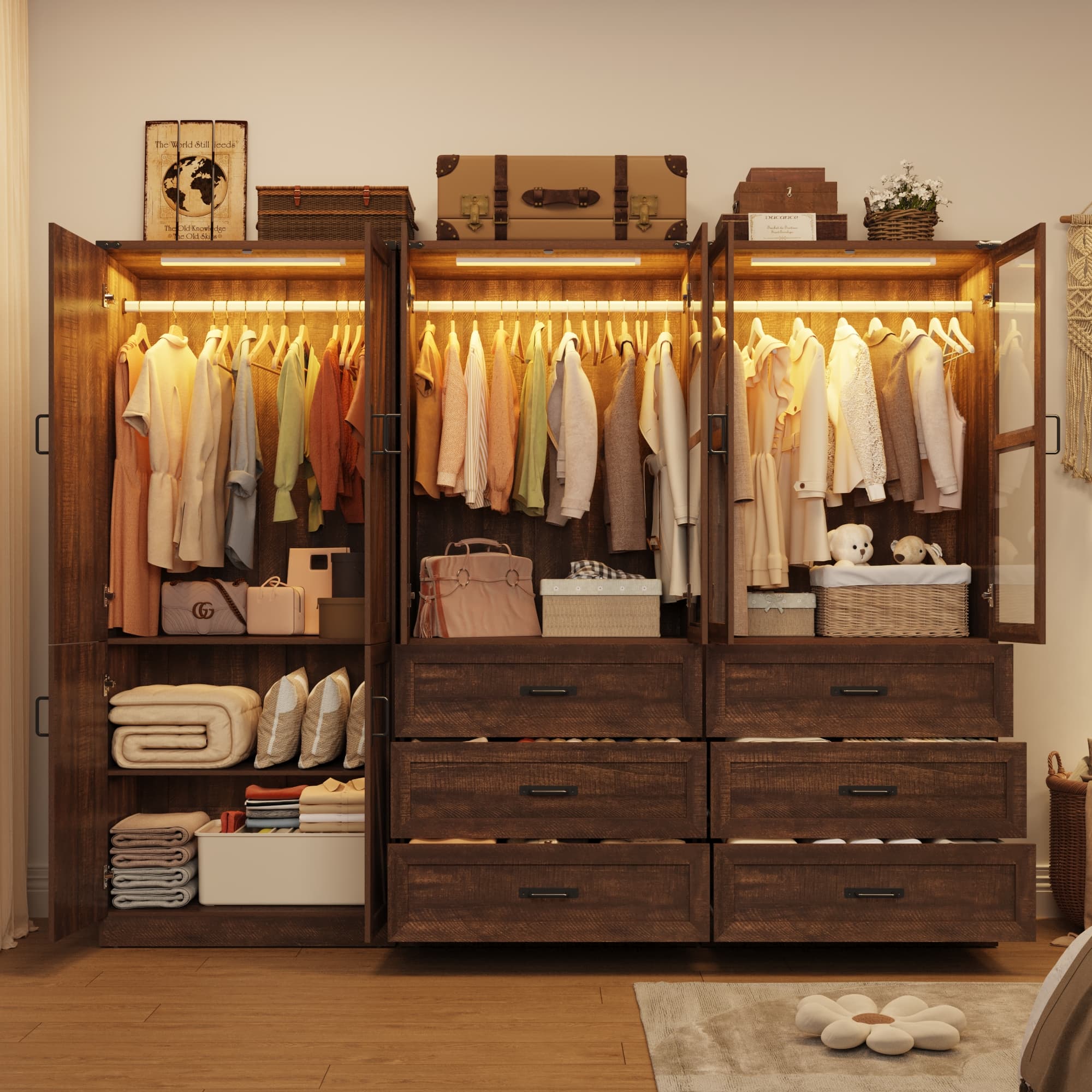 75"H Farmhouse Armoire Wardrobe Set with Drawers and Glass Doors