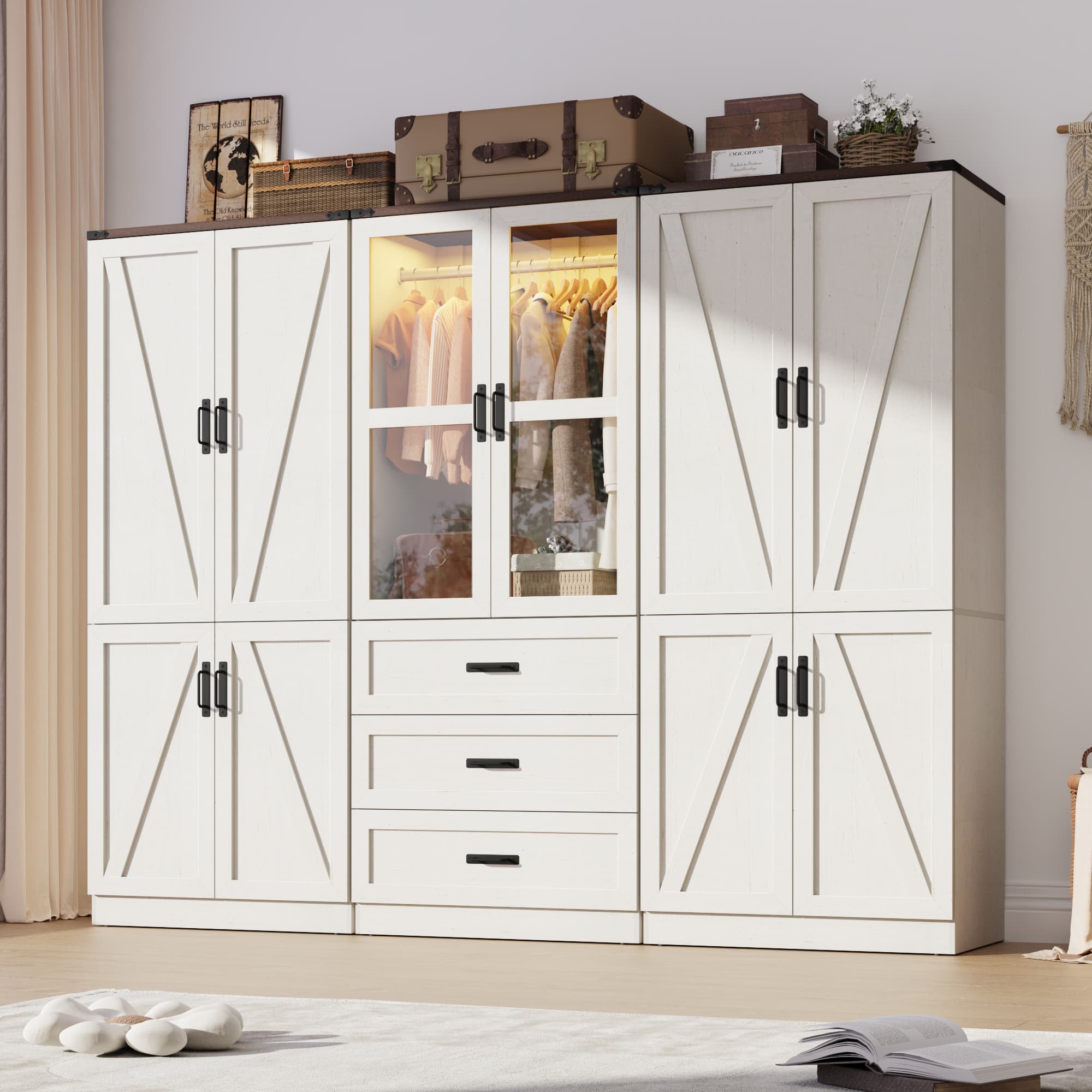 75" H Armoire Wardrobe Closet 6 Doors with LED Lights & 3 Drawers