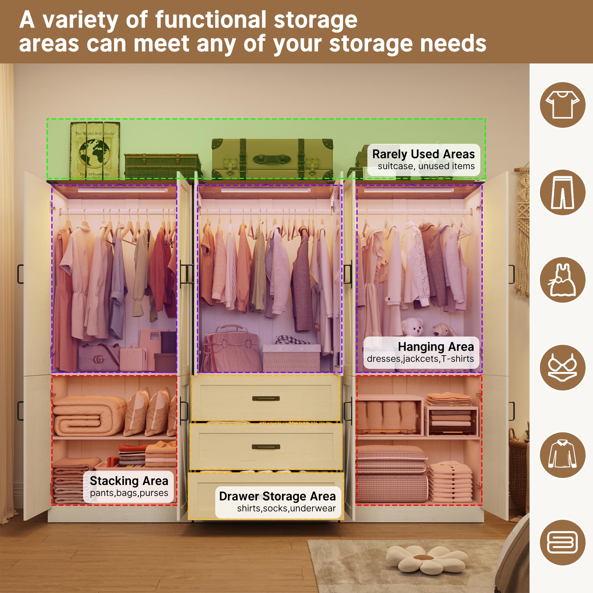 75"H Farmhouse Armoire Wardrobe Set with Drawers and Glass Doors