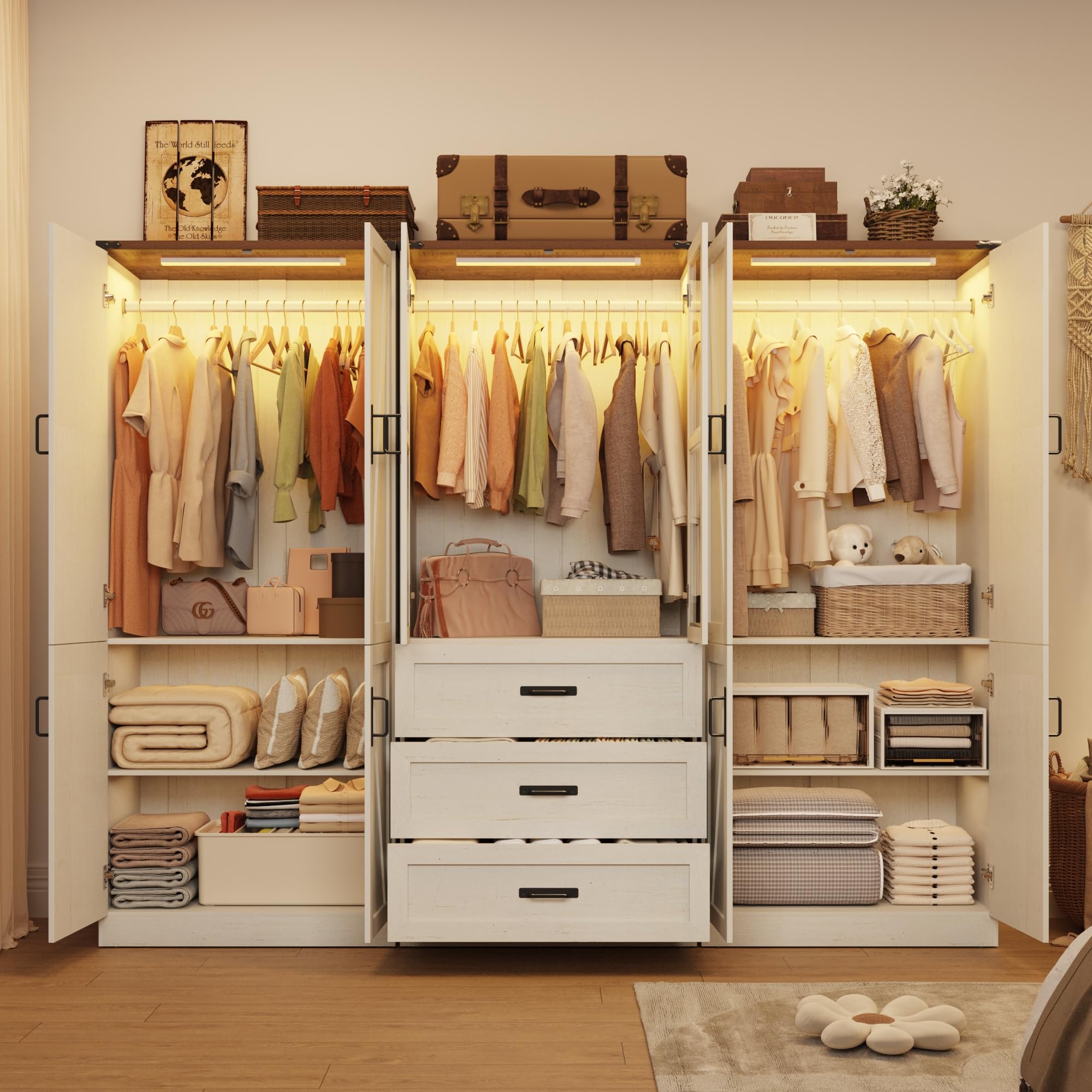 75"H Farmhouse Armoire Wardrobe Set with Drawers and Glass Doors