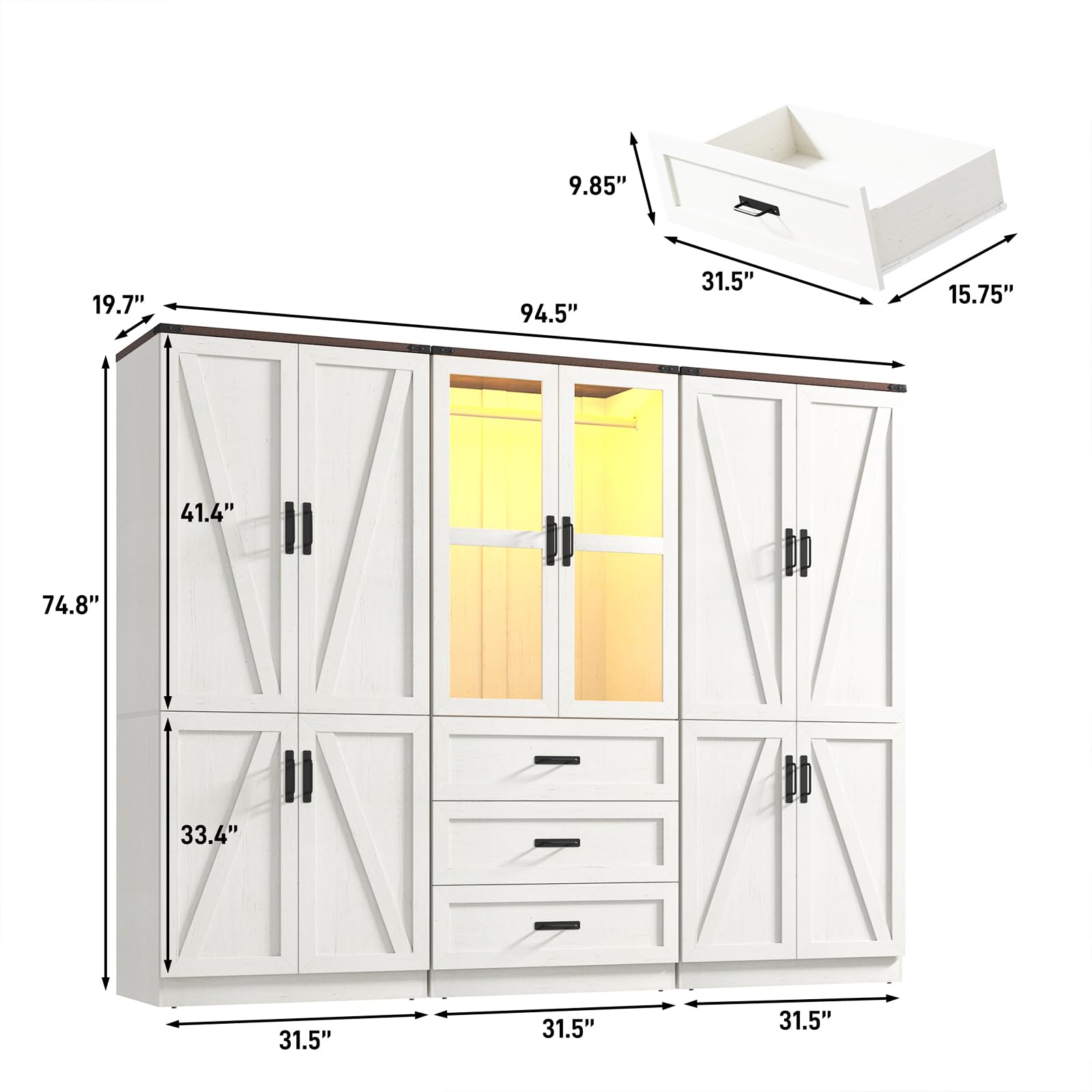 75"H Farmhouse Armoire Wardrobe Set with Drawers and Glass Doors