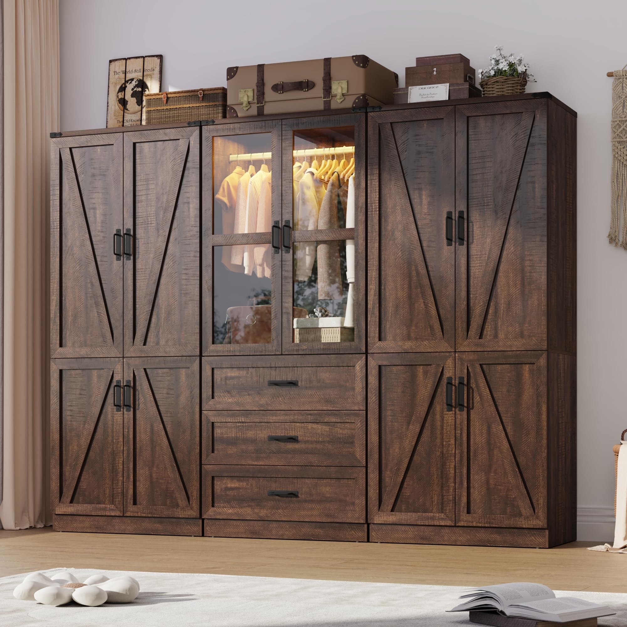 75"H Farmhouse Armoire Wardrobe Set with Drawers and Glass Doors