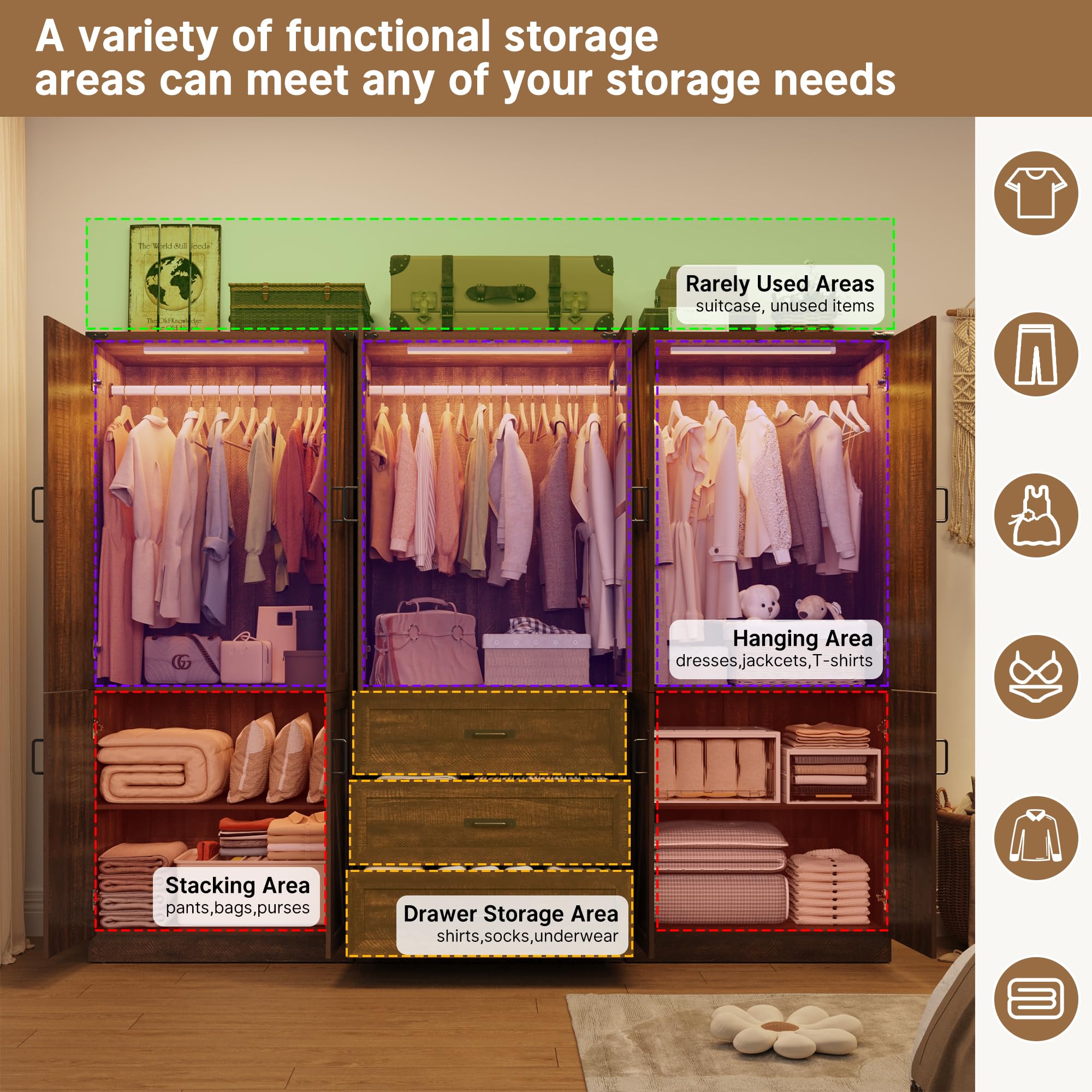 75"H Farmhouse Armoire Wardrobe Set with Drawers and Glass Doors