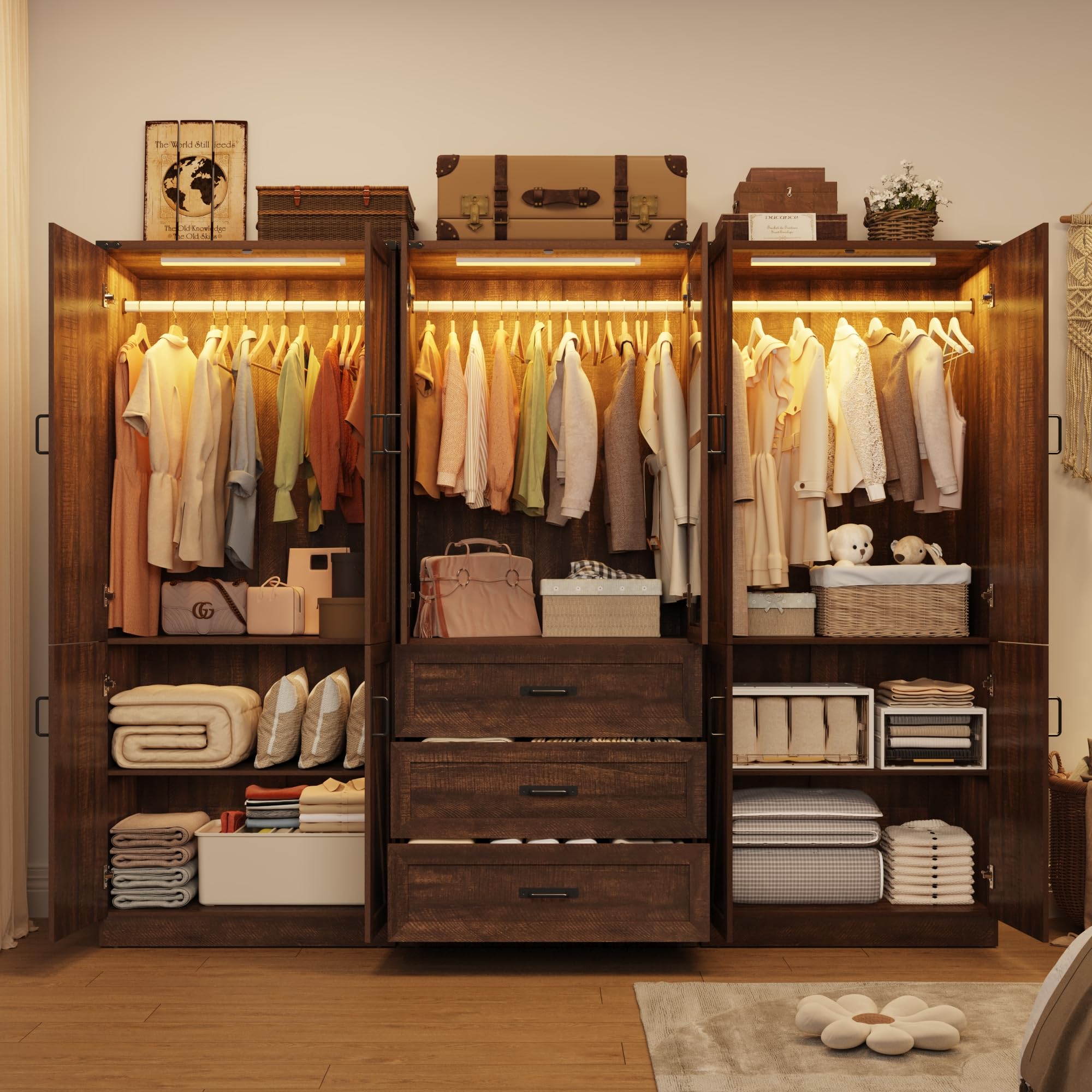 75"H Farmhouse Armoire Wardrobe Set with Drawers and Glass Doors